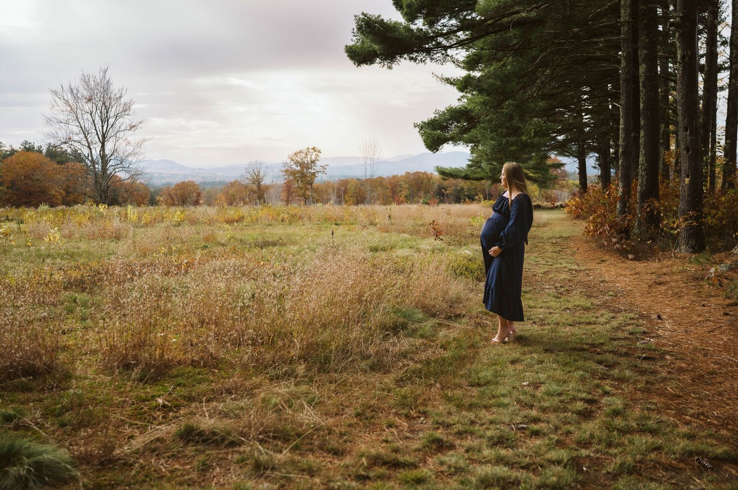 A person walking along a dirt path through an autumn meadow with evergreen trees and mountains in the distance.