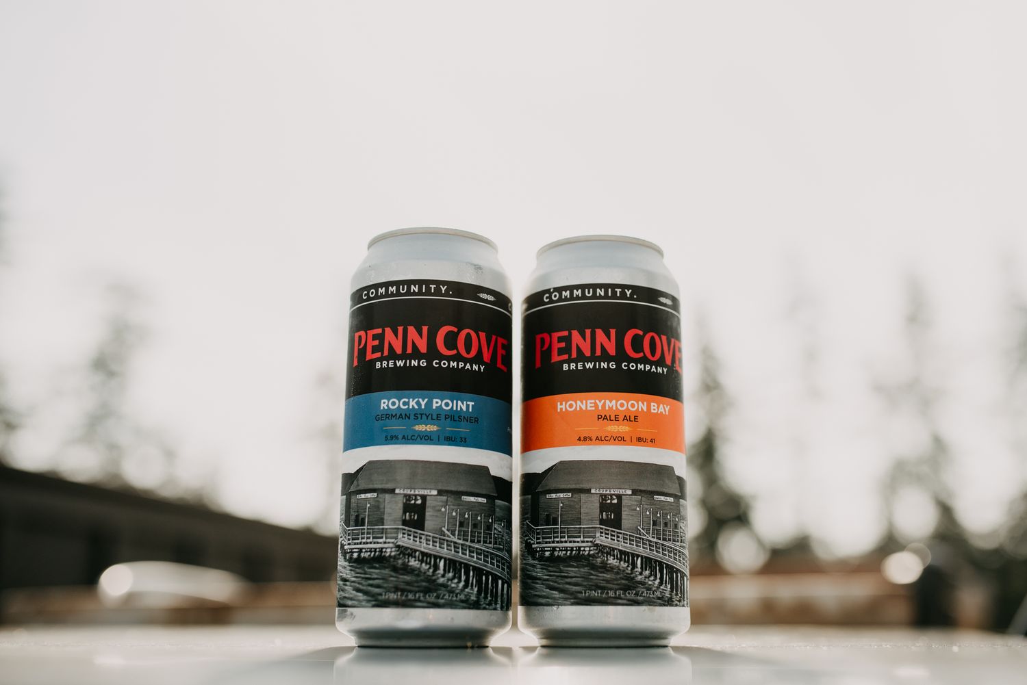 Two cans of Penn Cove Brewing Company craft beer displayed outdoors on a rainy day.