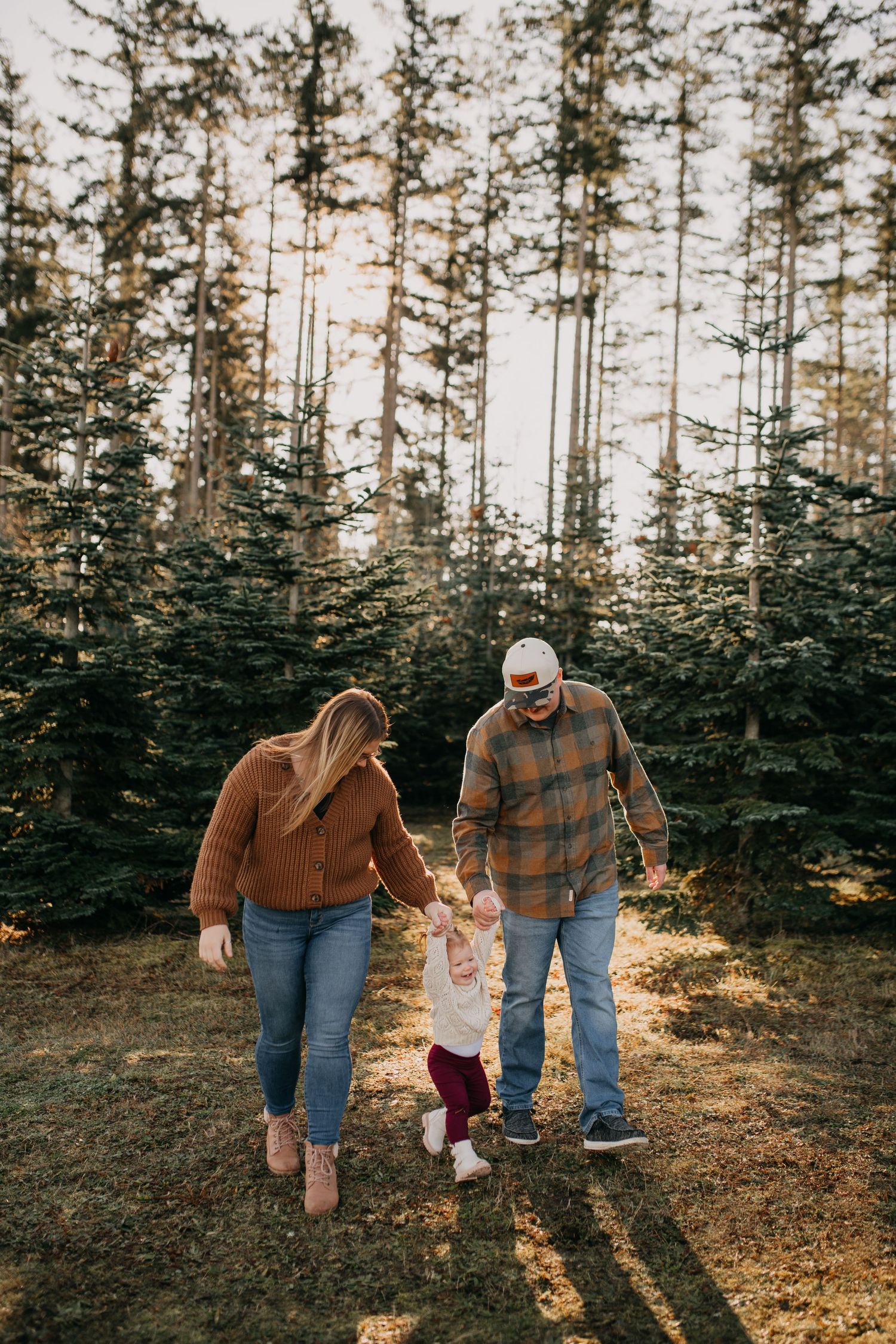 Family of three walking hand in hand through a sunlit evergreen forest.