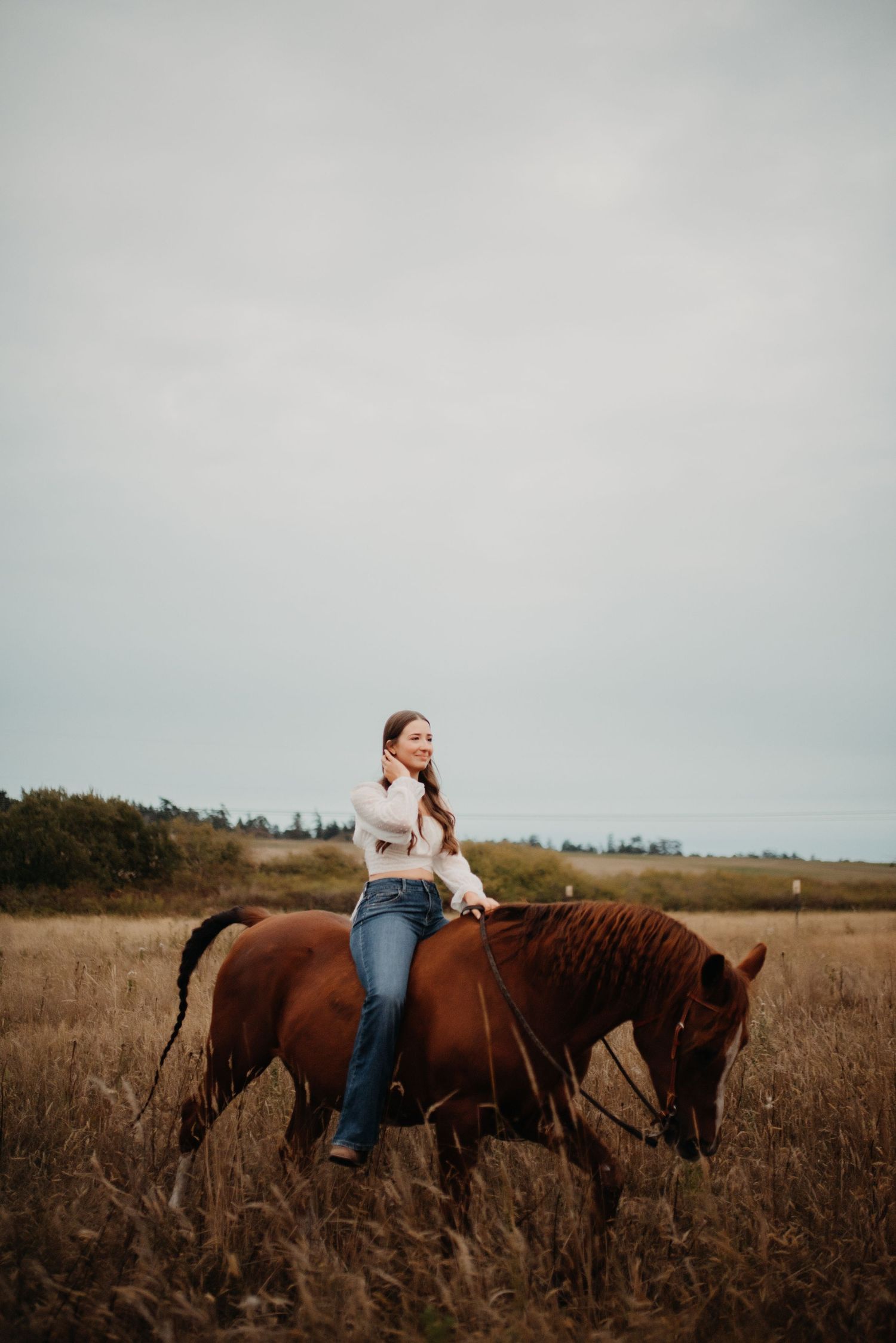 Young woman in white sweater and jeans riding a chestnut horse through a golden field on an overcast day.