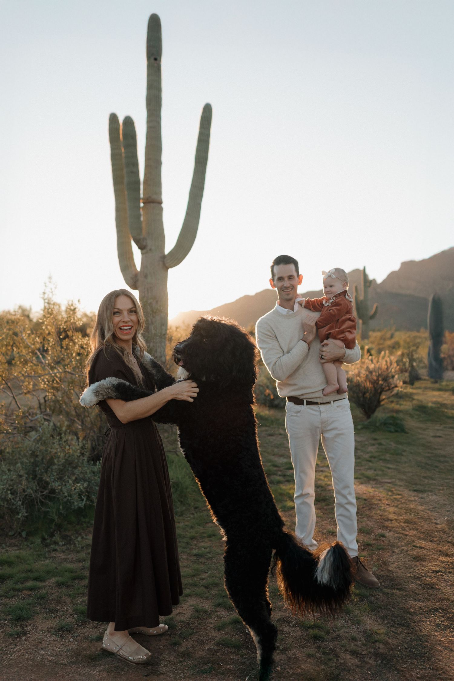 A couple poses playfully in a desert landscape at sunset with towering saguaro cacti in the background.