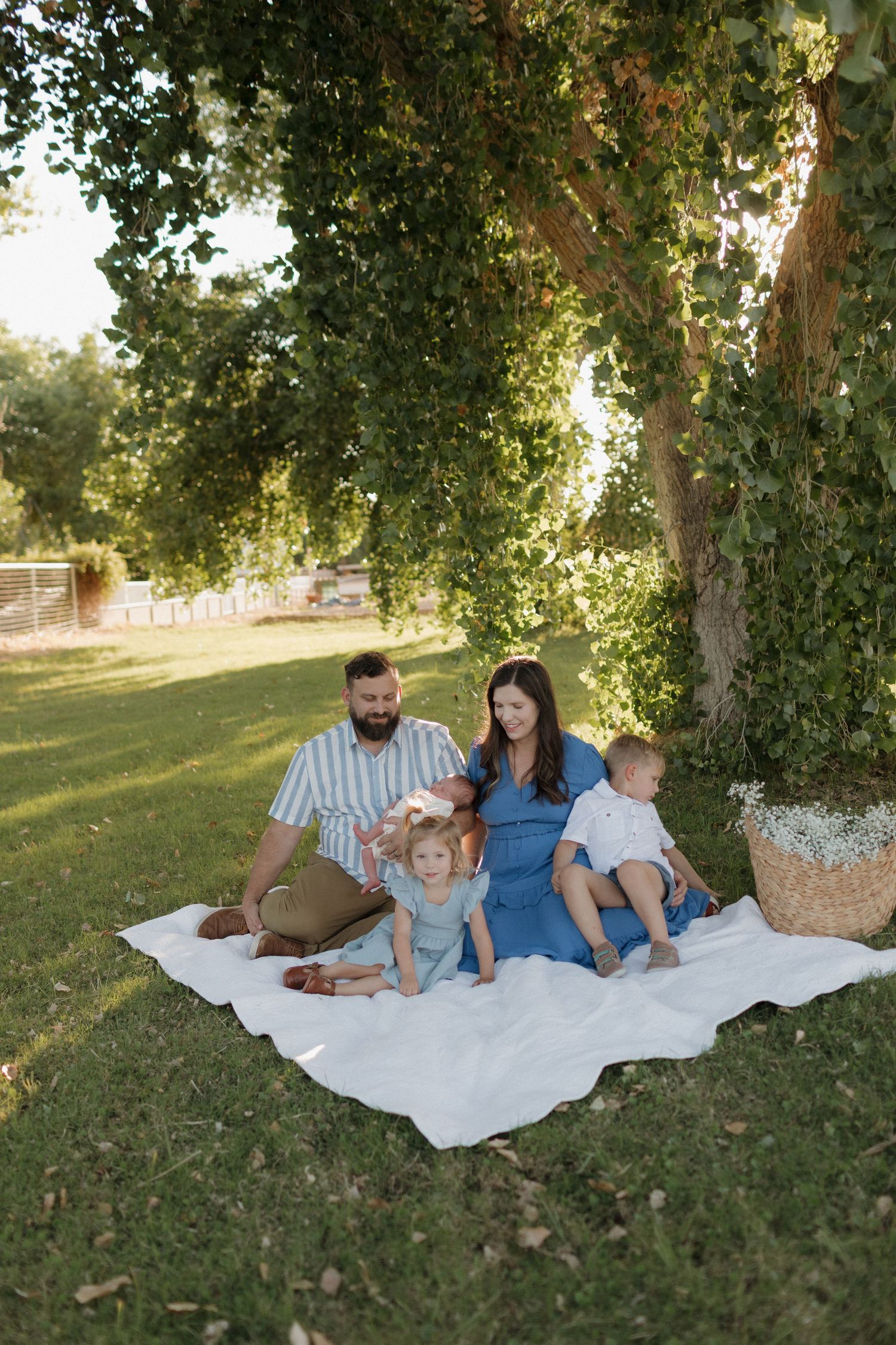 A picturesque family picnic scene under large trees with a white blanket spread on lush grass during golden hour.