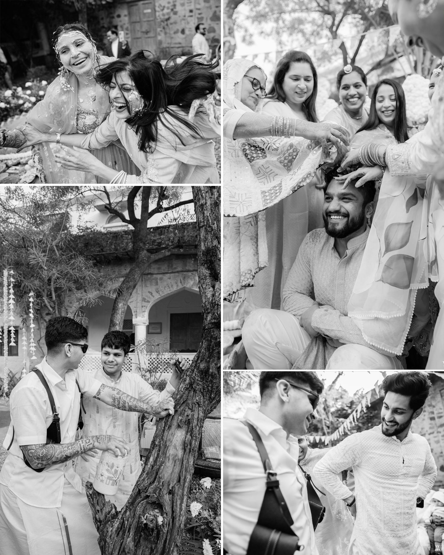 Black and white collage of joyful Indian wedding pre-ceremony rituals with family and friends celebrating together.