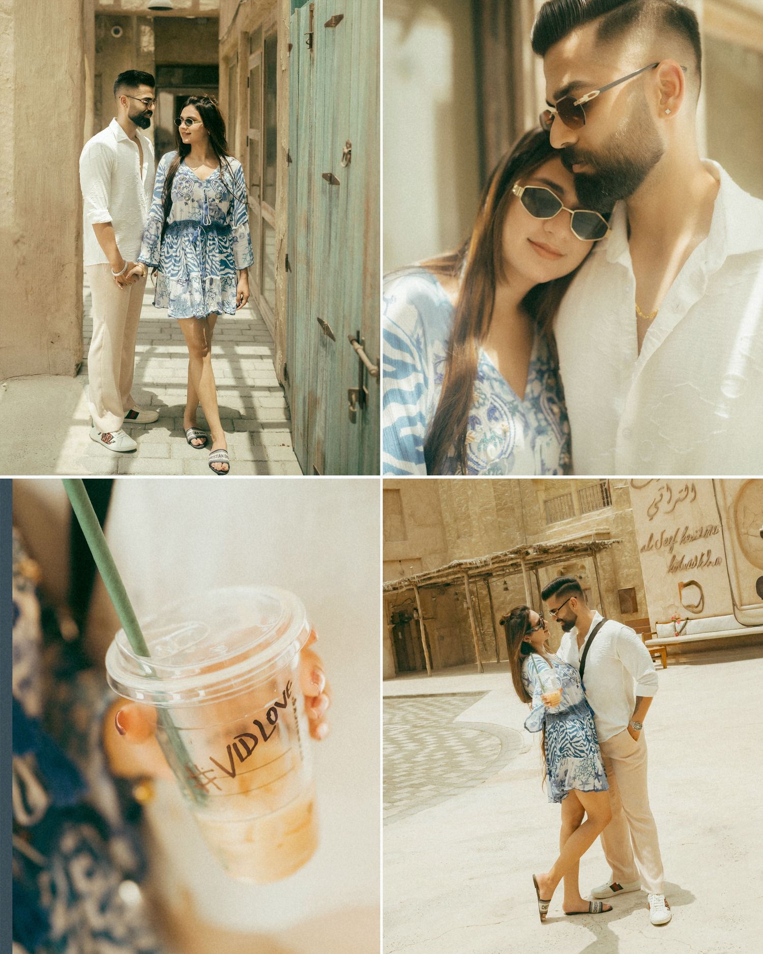 A couple in a blue floral dress and white shirt pose romantically in a sunny Middle Eastern alleyway holding a Davidoff coffee cup.