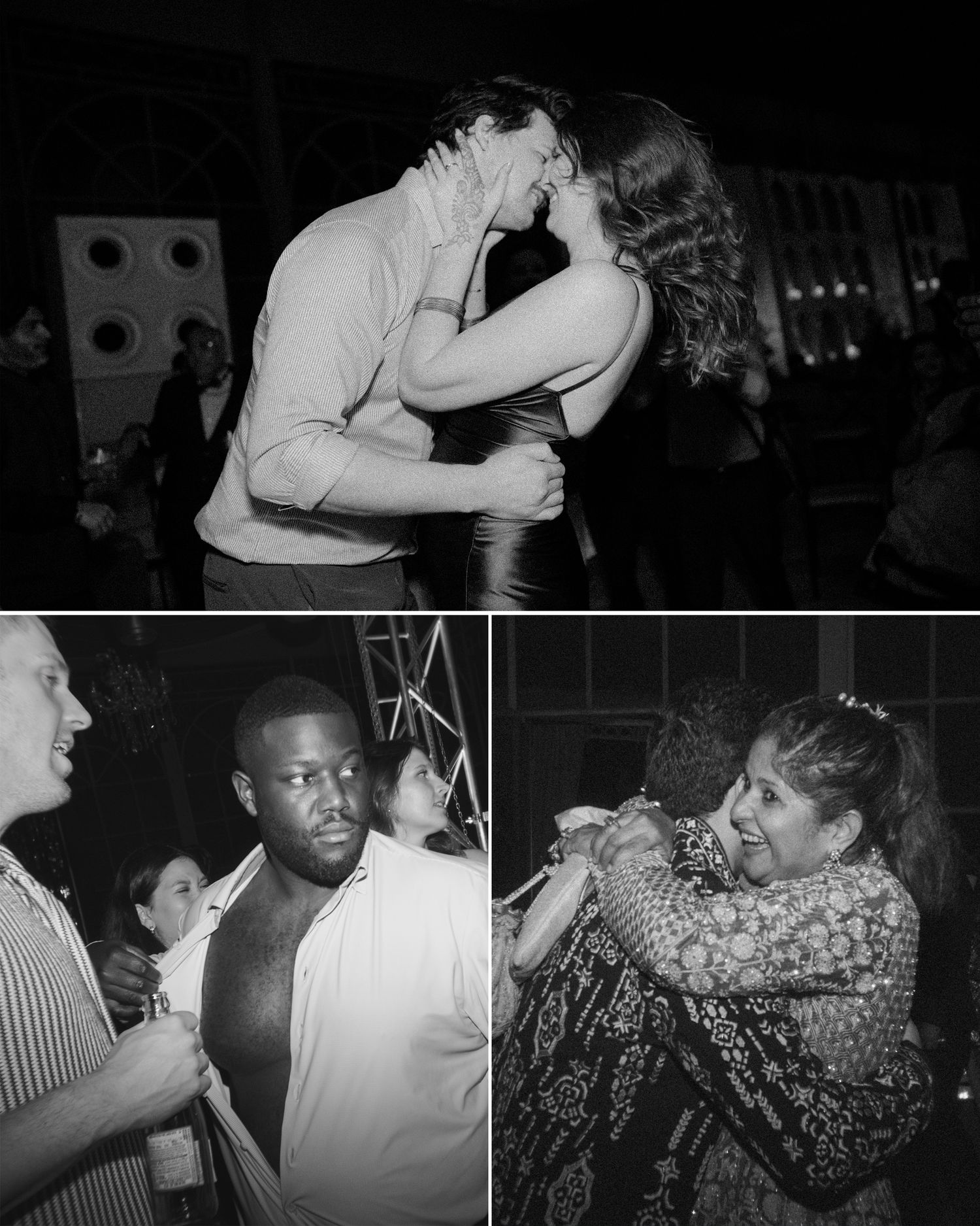 Black and white collage of people dancing and socializing at a lively nightclub or party event.