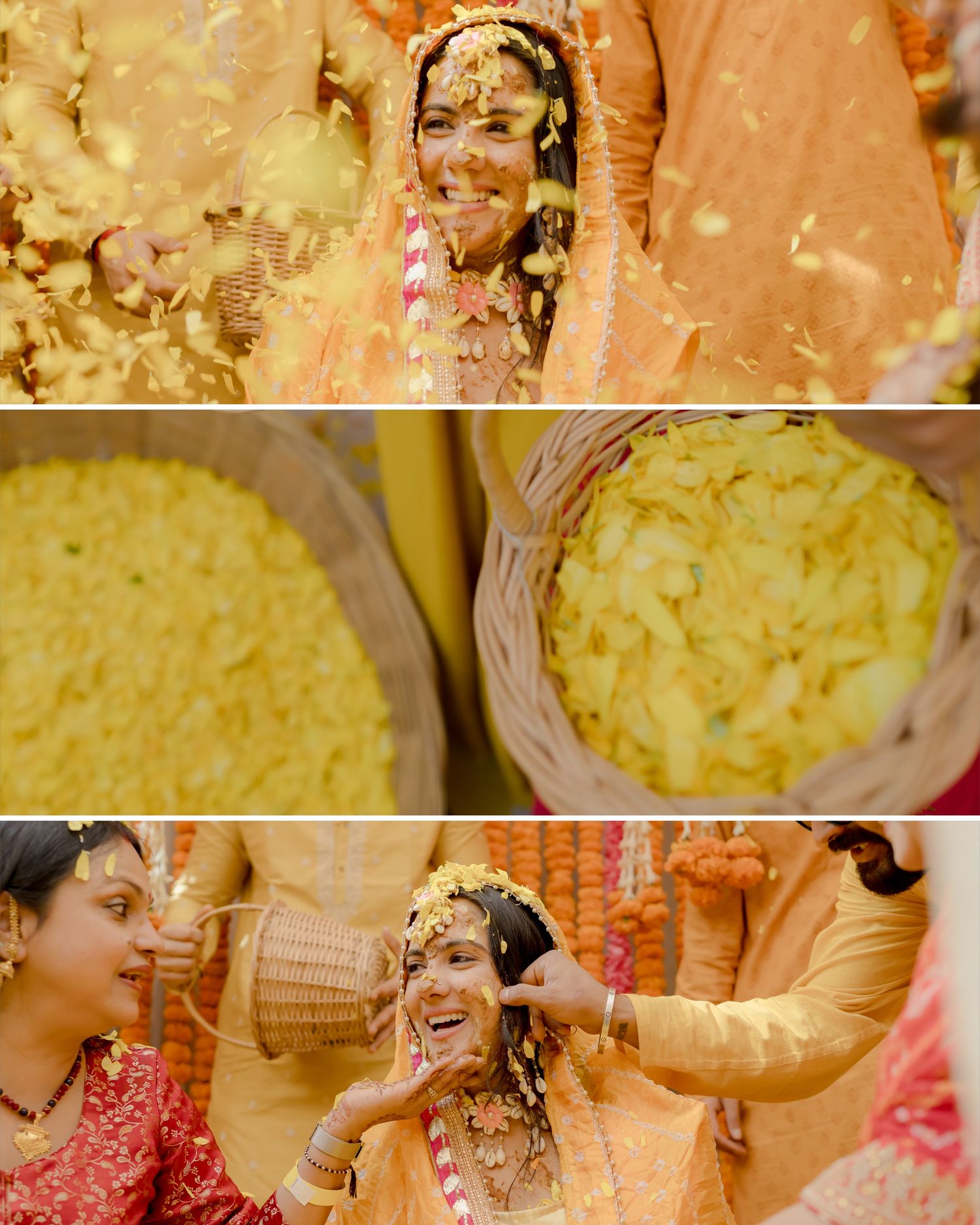 Indian bride in yellow lehenga adorned with floral jewelry smiles during traditional wedding ceremony with flower petals.