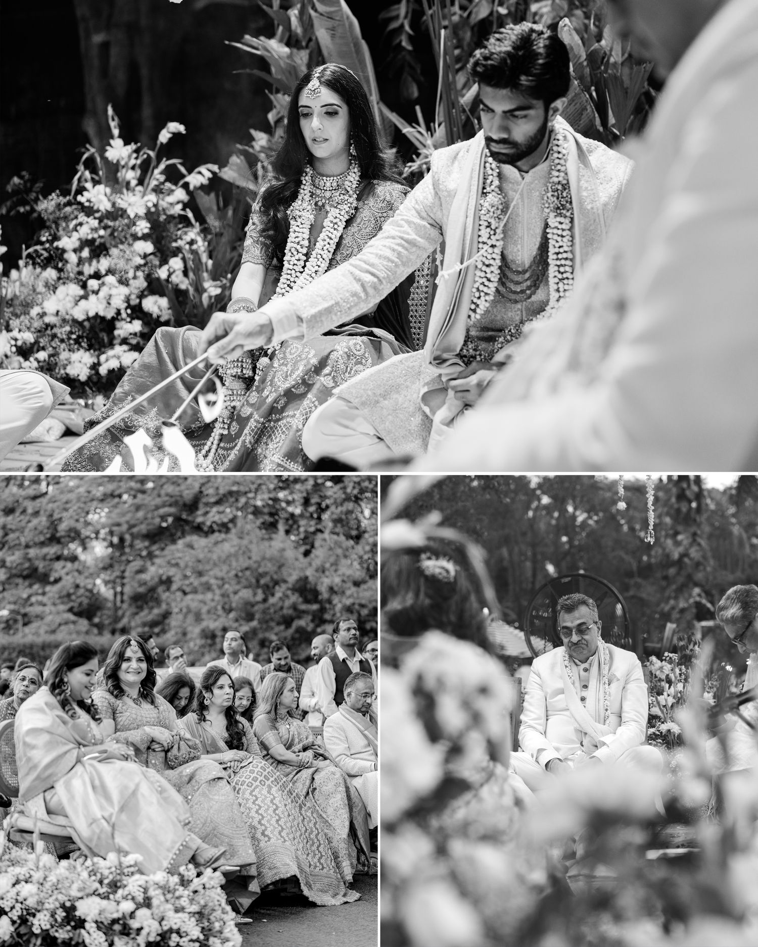 Black and white Indian wedding ceremony with couple performing rituals by sacred fire, guests seated outdoors.