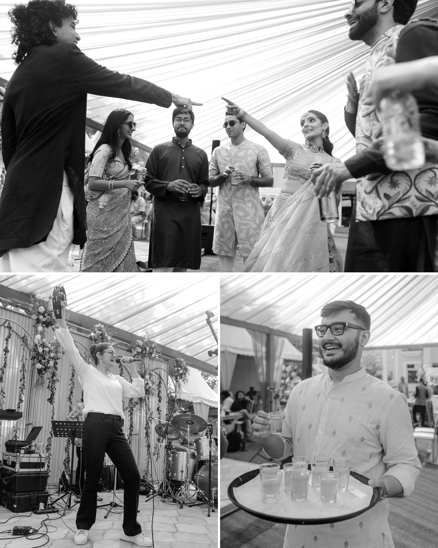 Black and white collage of guests celebrating at an Indian wedding reception under a decorated tent.