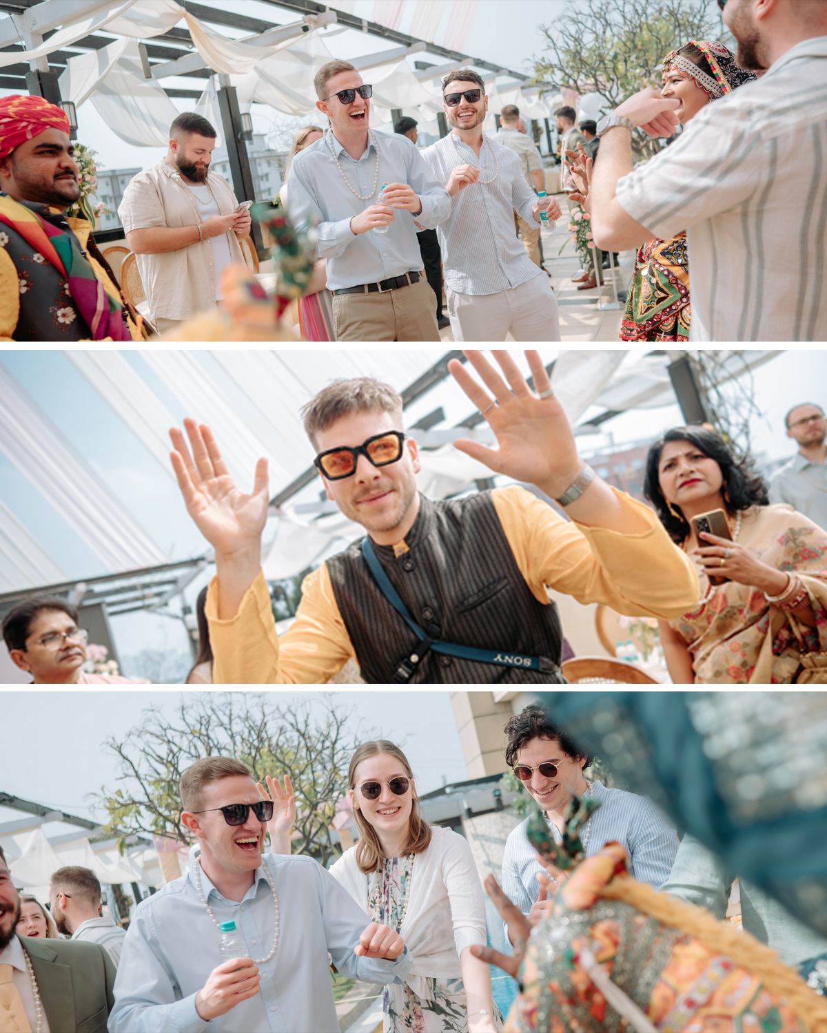 Group of wedding guests celebrating and dancing at an outdoor party under white canopy.
