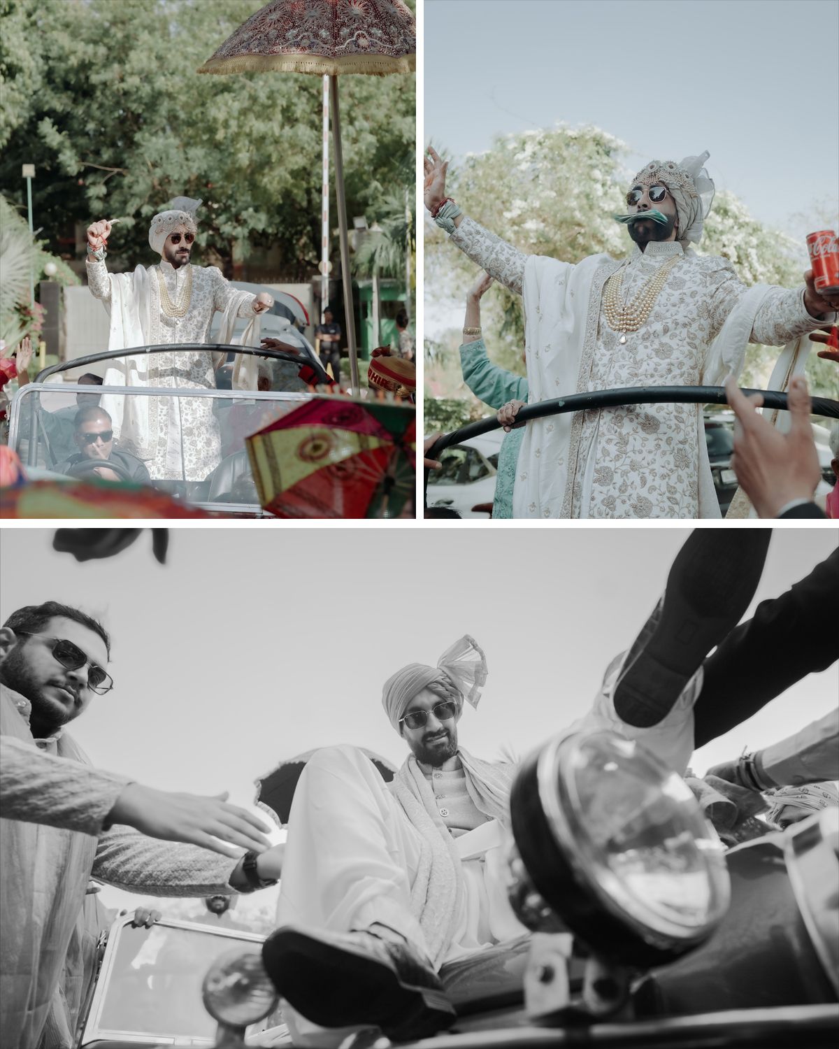Joyous celebration during an Indian wedding baraat with traditional outfits and dancing.