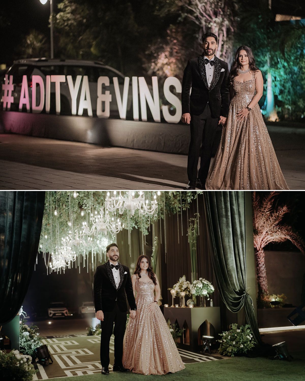 Couple in formal attire pose at decorated outdoor venue with custom lighting and signage.