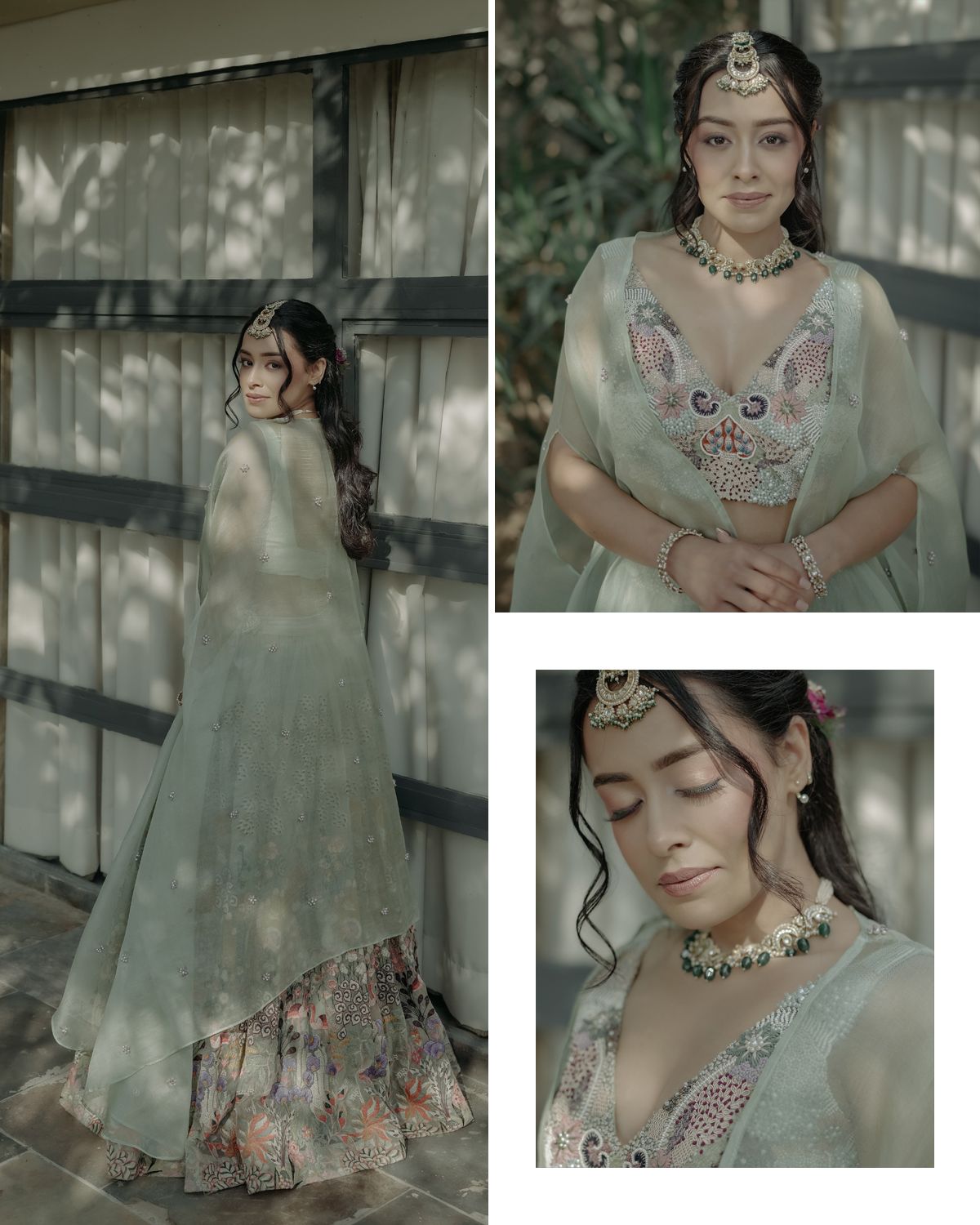 Three-photo collage showing detailed views of mint green traditional bridal attire and jewelry.