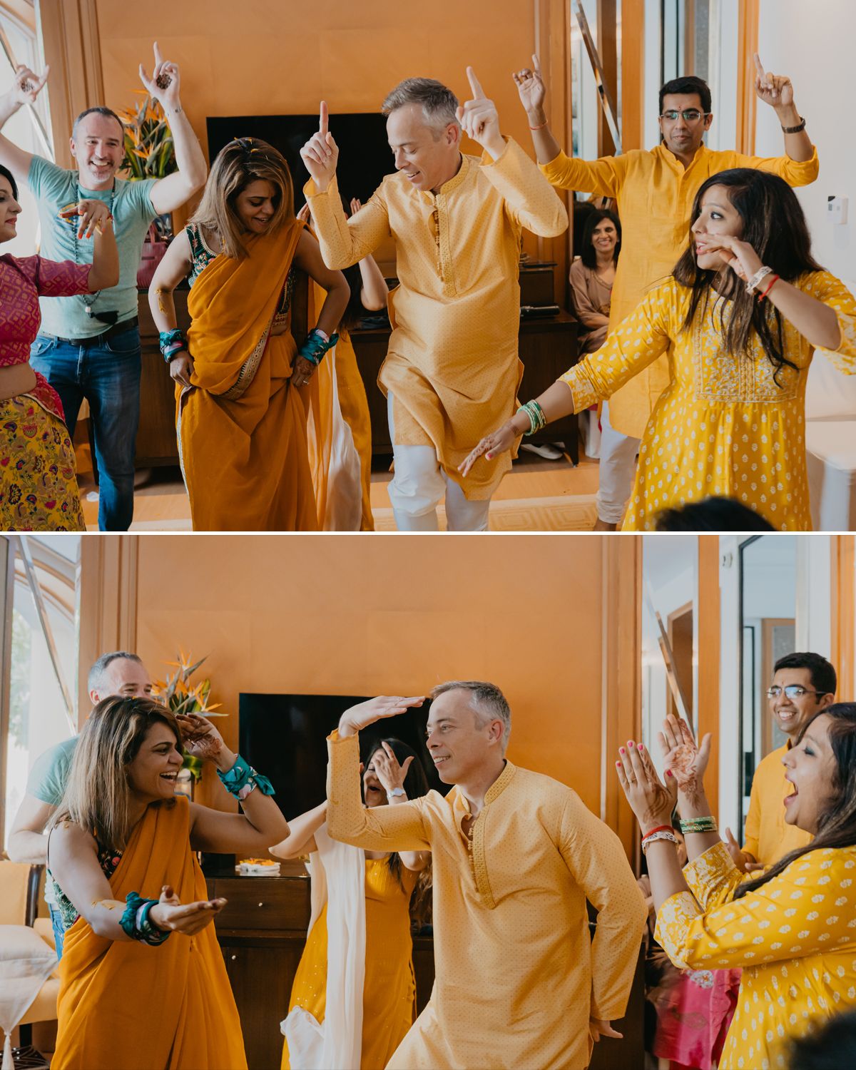 Guests dancing and celebrating in traditional Indian attire at a festive gathering.