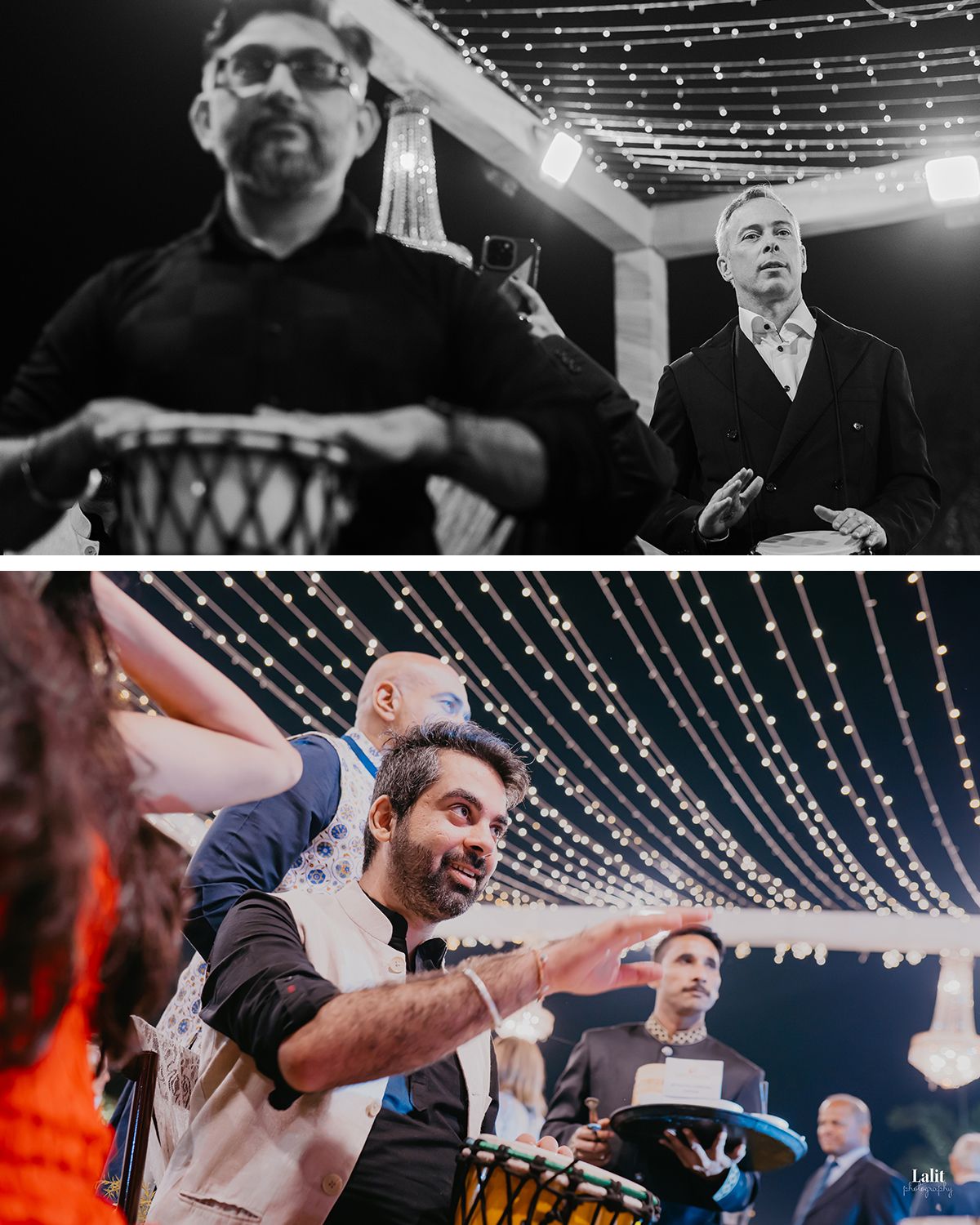 Musicians playing drums together during an evening outdoor celebration with string lights overhead.