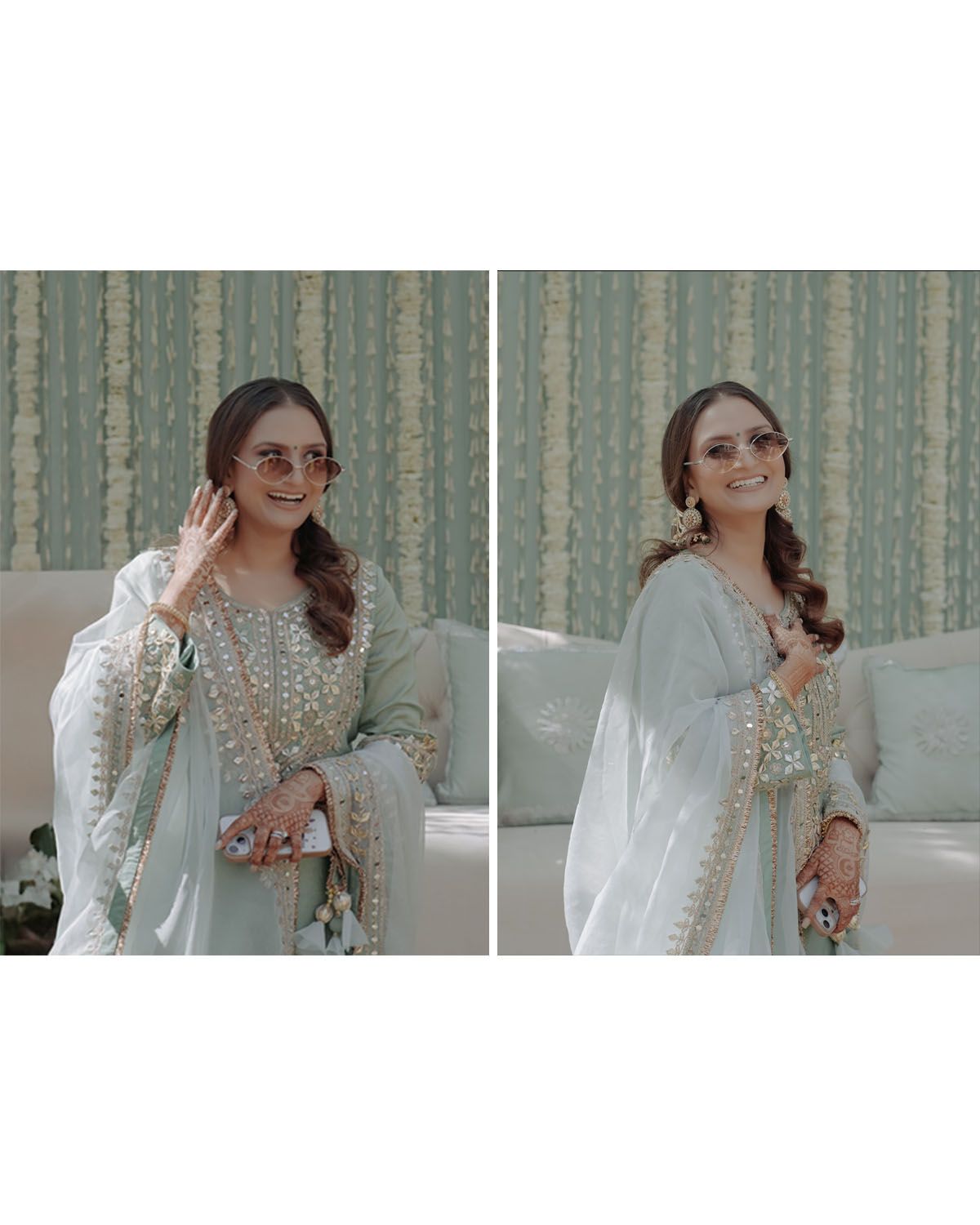 Portrait shots of a bride in traditional white embellished outfit with sunglasses.