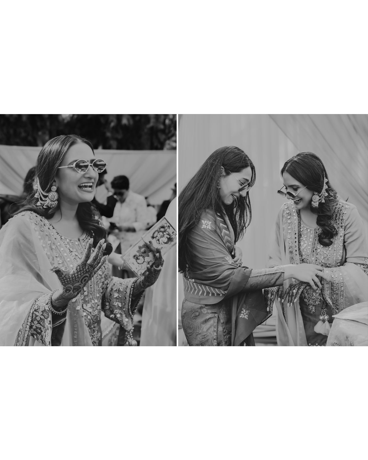 Candid moments from a traditional celebration showing joyful interactions in black and white.