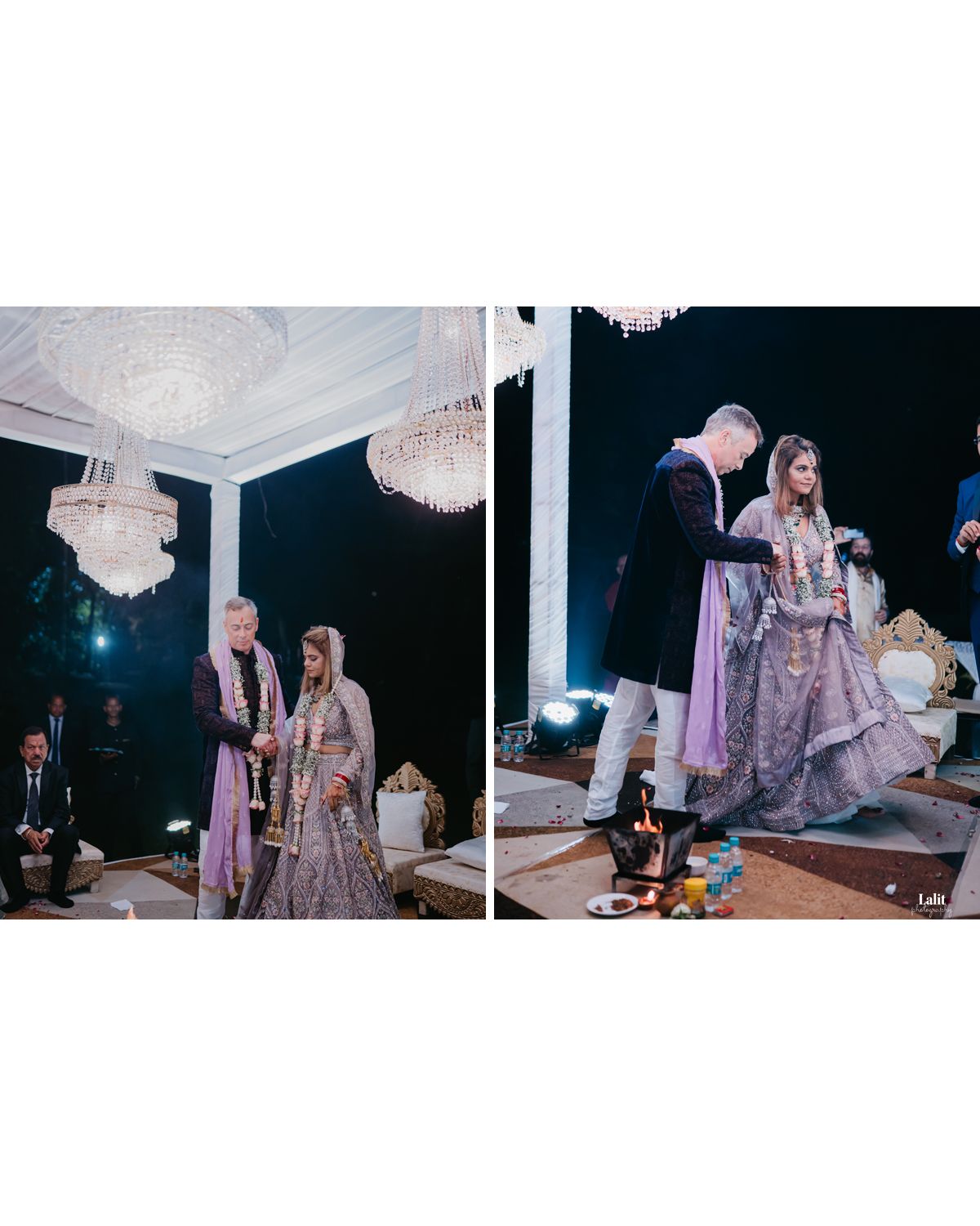 Wedding ceremony moments under crystal chandeliers with traditional attire and customs.