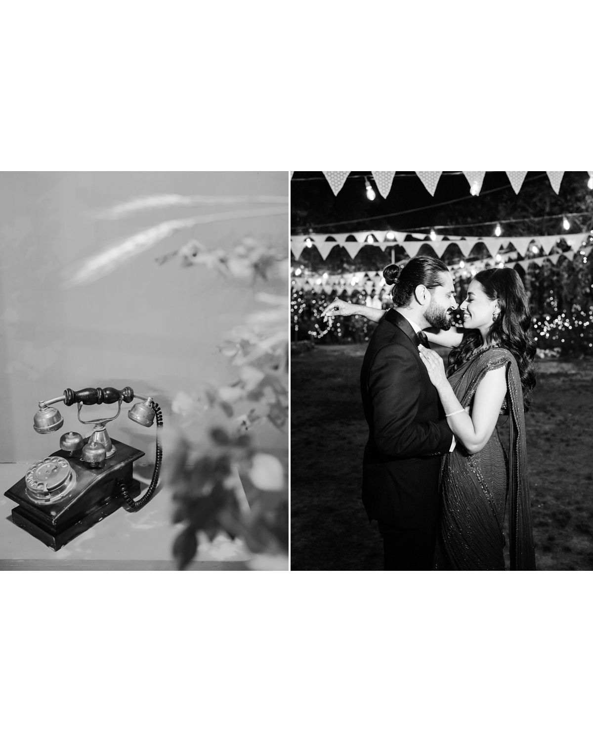 A vintage black rotary telephone and a romantic black and white dance scene with decorative bunting flags at an outdoor event.