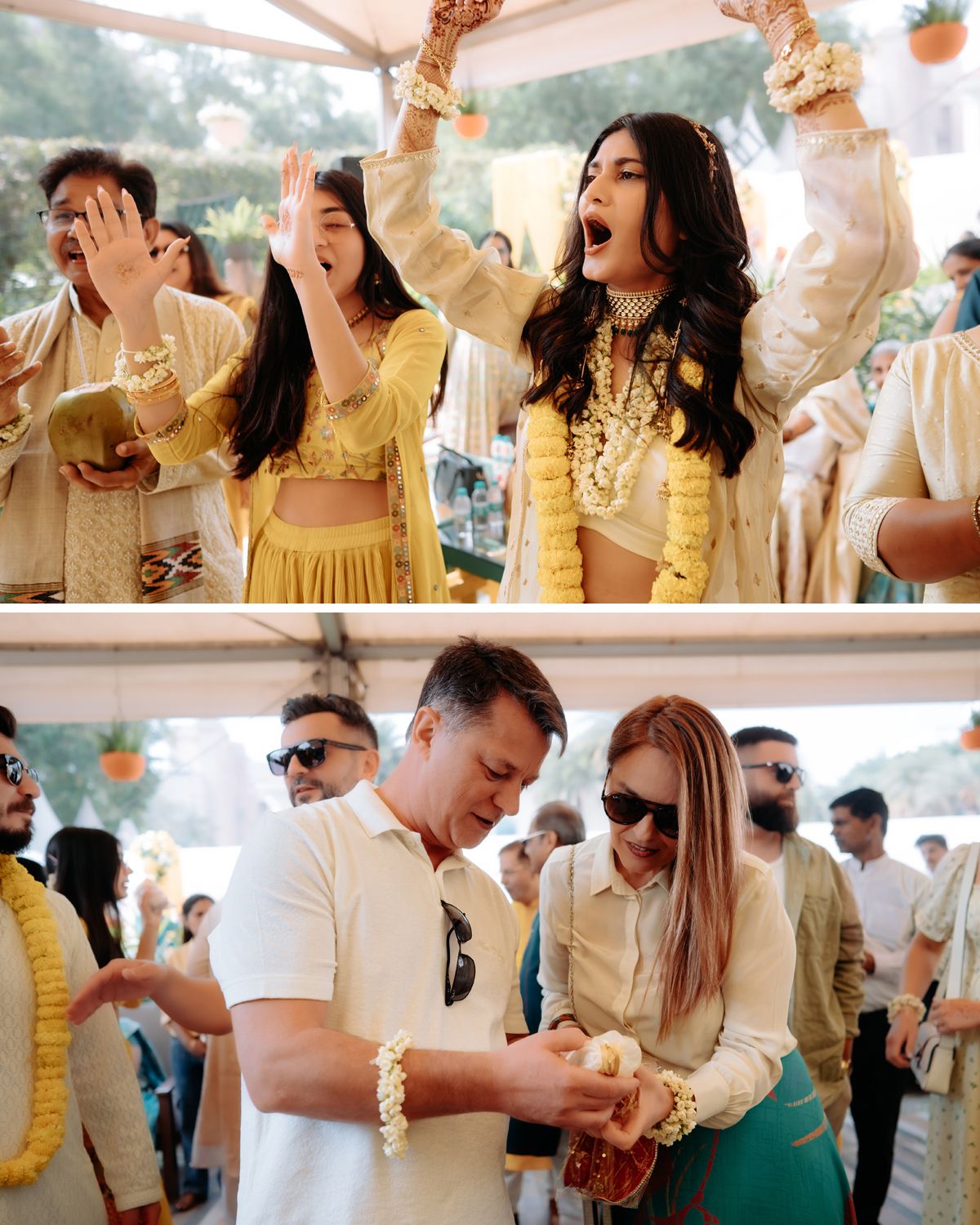 Wedding guests celebrate energetically at outdoor party wearing traditional festive attire.
