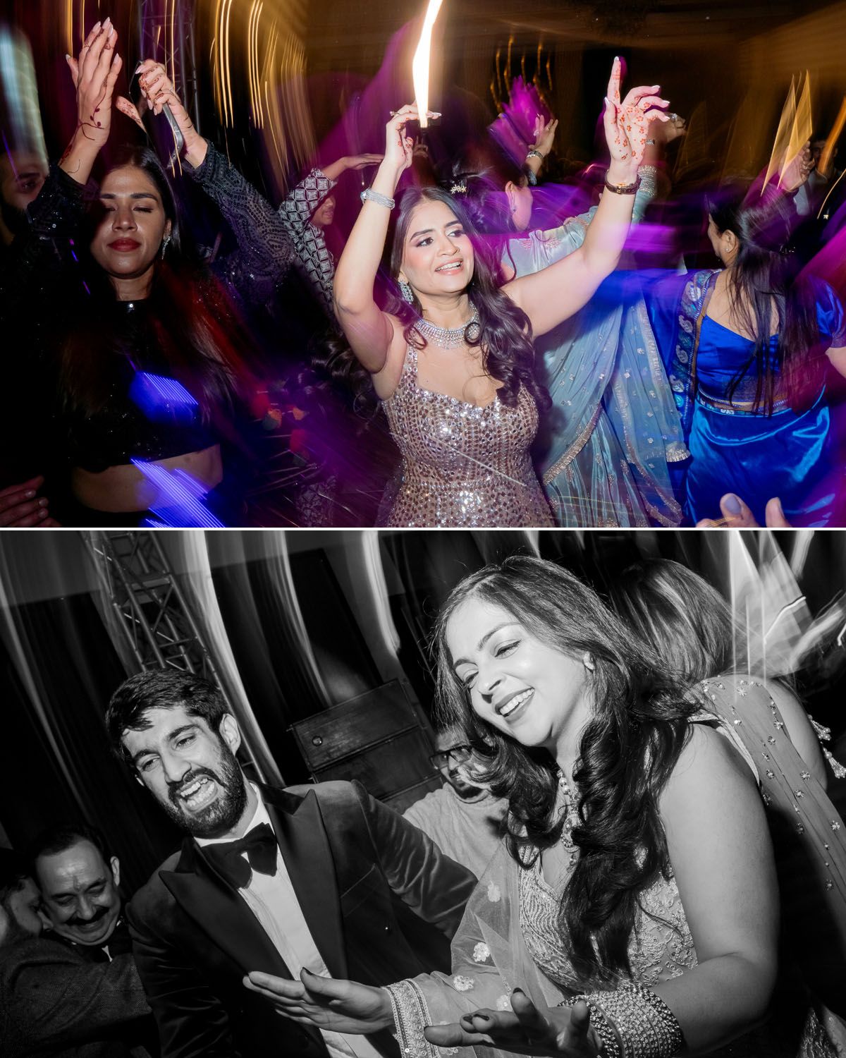Energetic dance floor scenes with celebrations under colorful lighting and formal attire.