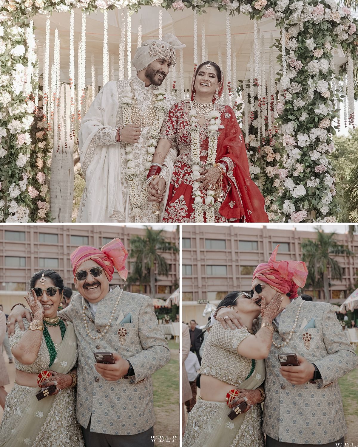 Elegant wedding ceremony under a floral mandap with hanging white streamers and roses.
