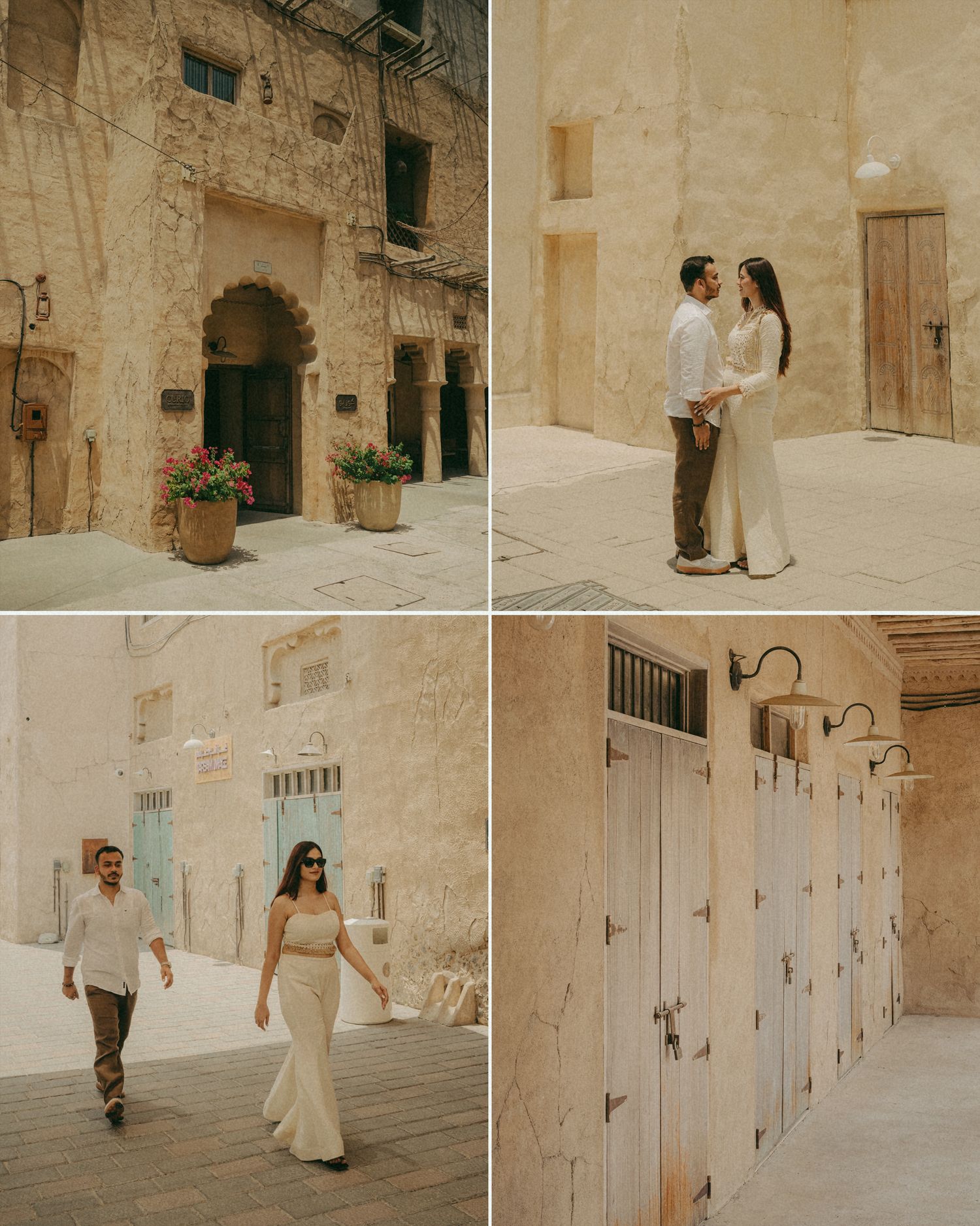 Couple poses romantically in a sunlit Middle Eastern courtyard with ancient stone walls and wooden doors.
