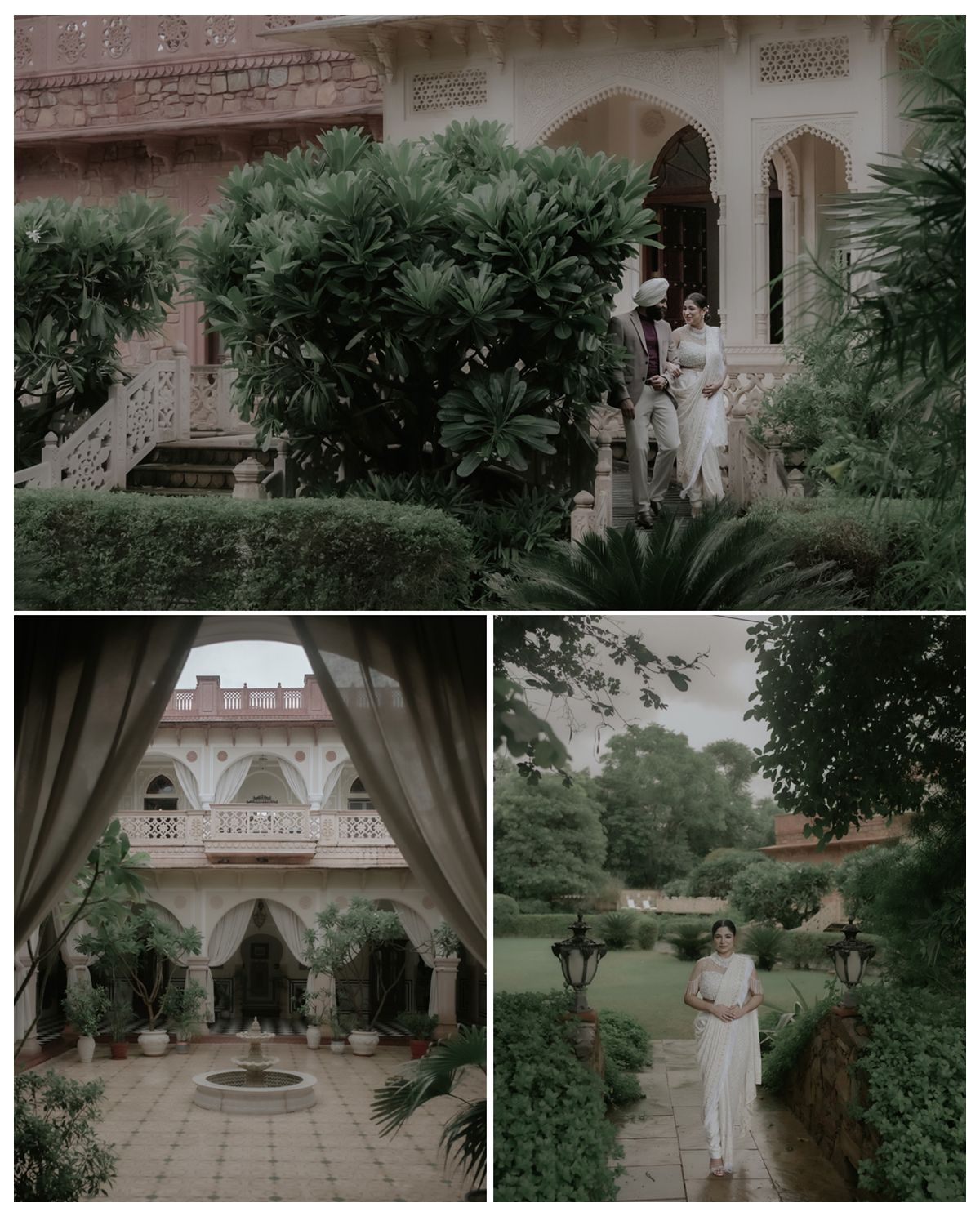 Collection of architectural shots featuring colonial style building with gardens and arched walkways.