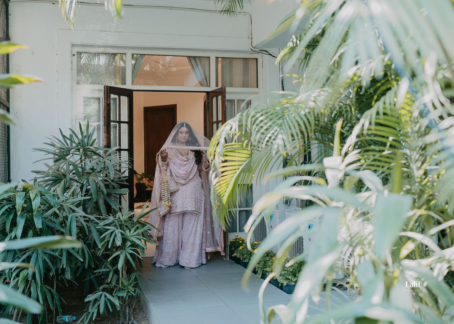 A figure in a lavender bridal lehenga poses amid lush tropical plants on a balcony.