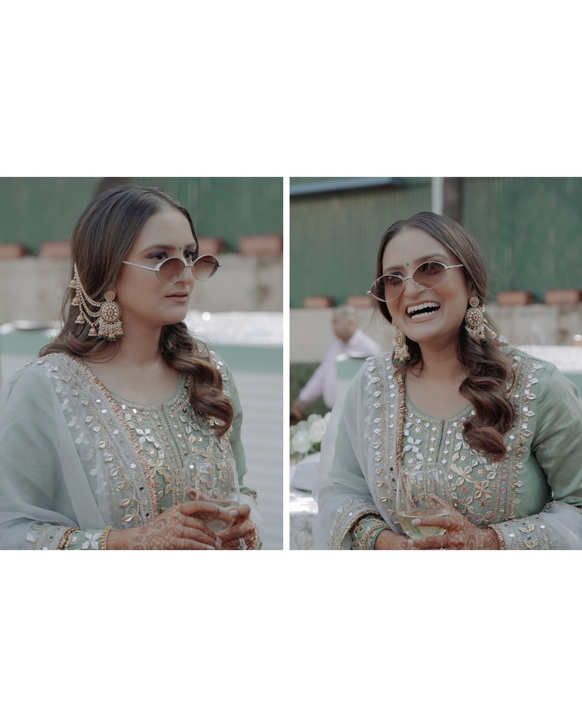 A festive celebration featuring a person in a grey embellished outfit and sunglasses showing two candid expressions.