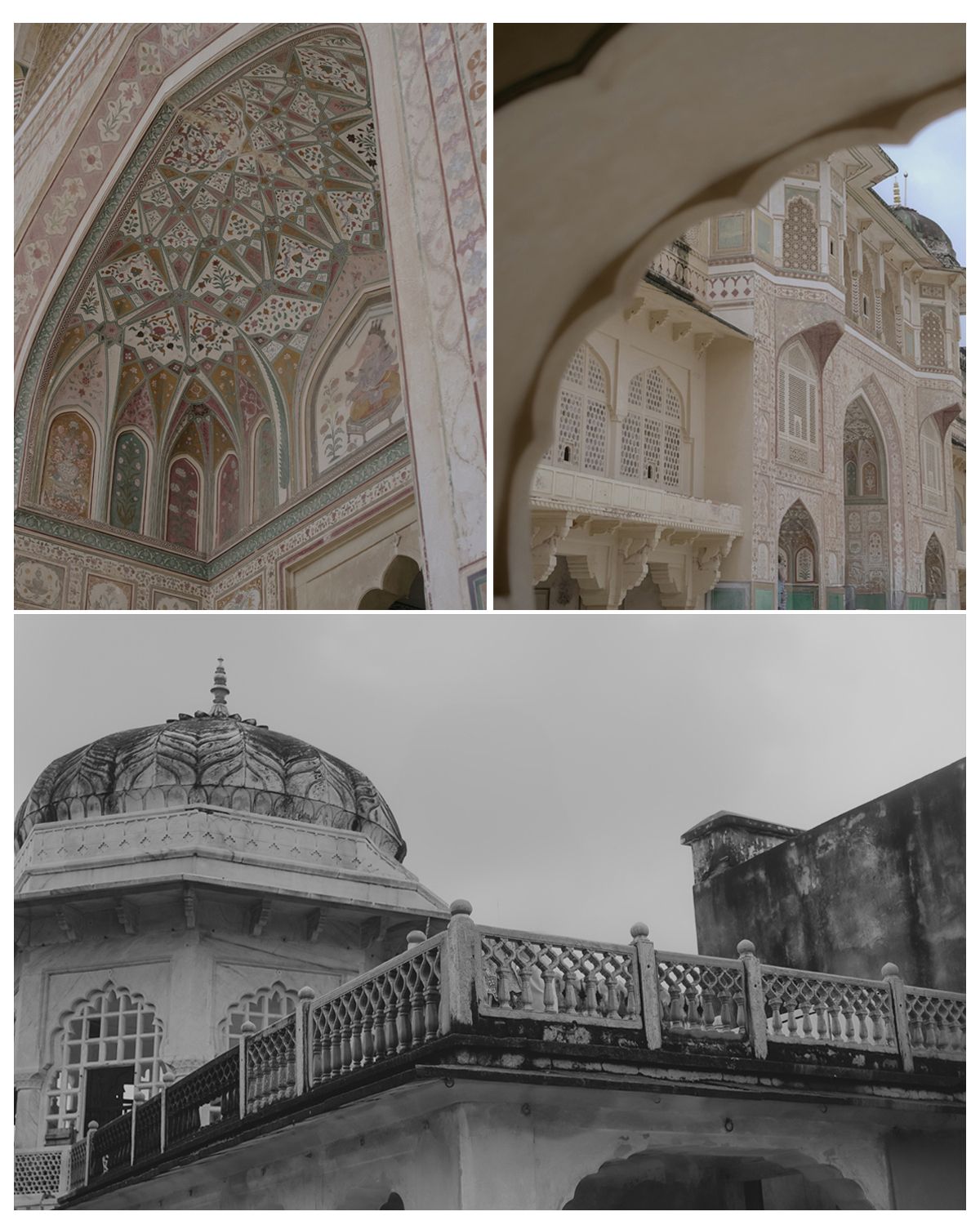 Collage of ornate Indian palace details showing domed roofs, arches, and intricate architectural patterns.