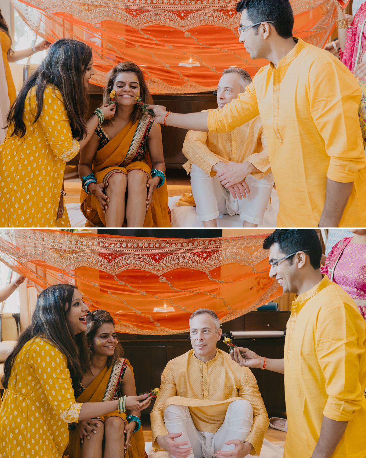Group celebrating and applying decorations during traditional Indian ceremony.