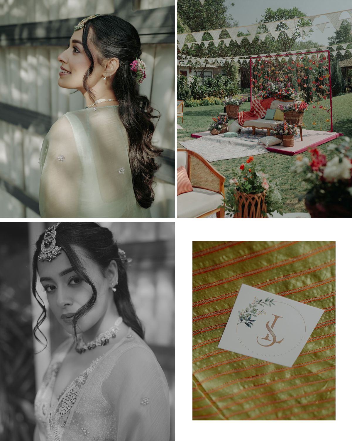 Wedding photo collection with portrait shots and outdoor ceremony setup with red floral decorations.