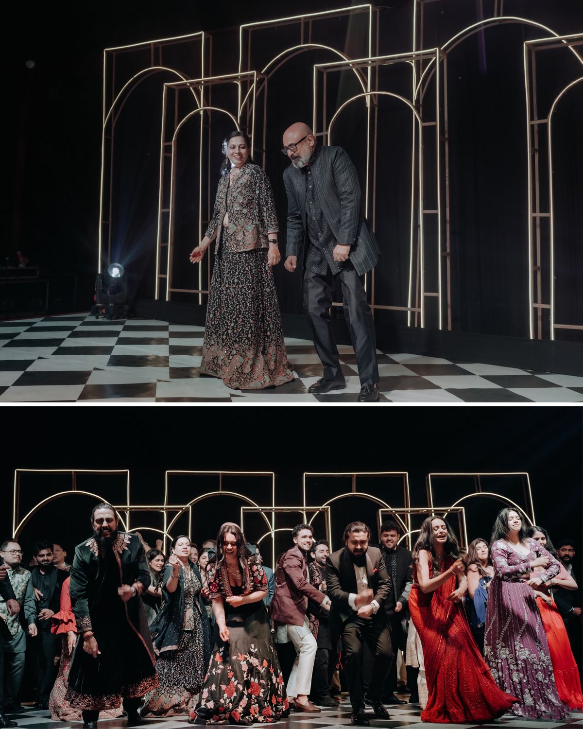 Two performers stand on a black and white checkered stage with golden archways, followed by a lively dance ensemble below.