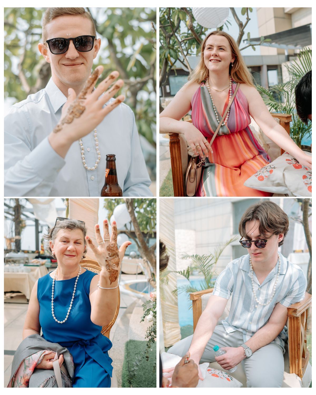 Collage of party guests in summer attire enjoying an outdoor celebration.