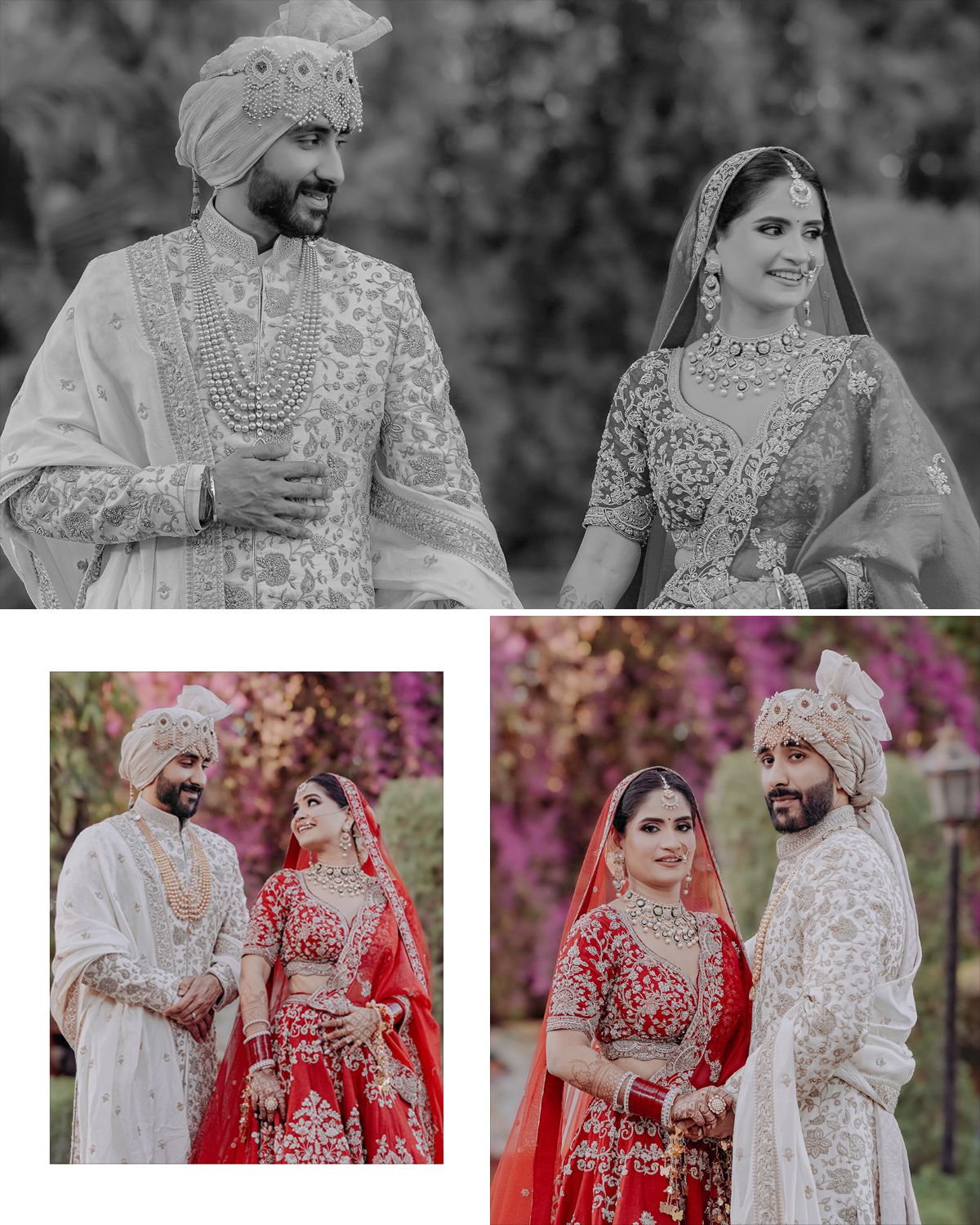 A stunning wedding photoshoot featuring a couple in traditional white and red Indian wedding attire.