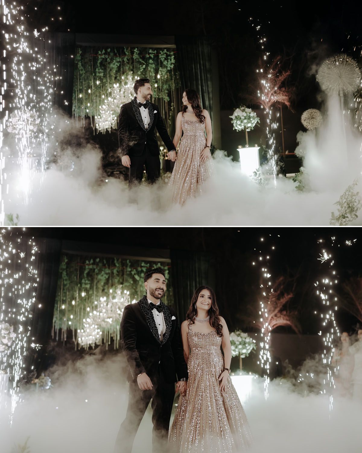 Couple poses amid fog effects and hanging lights at luxurious evening celebration.