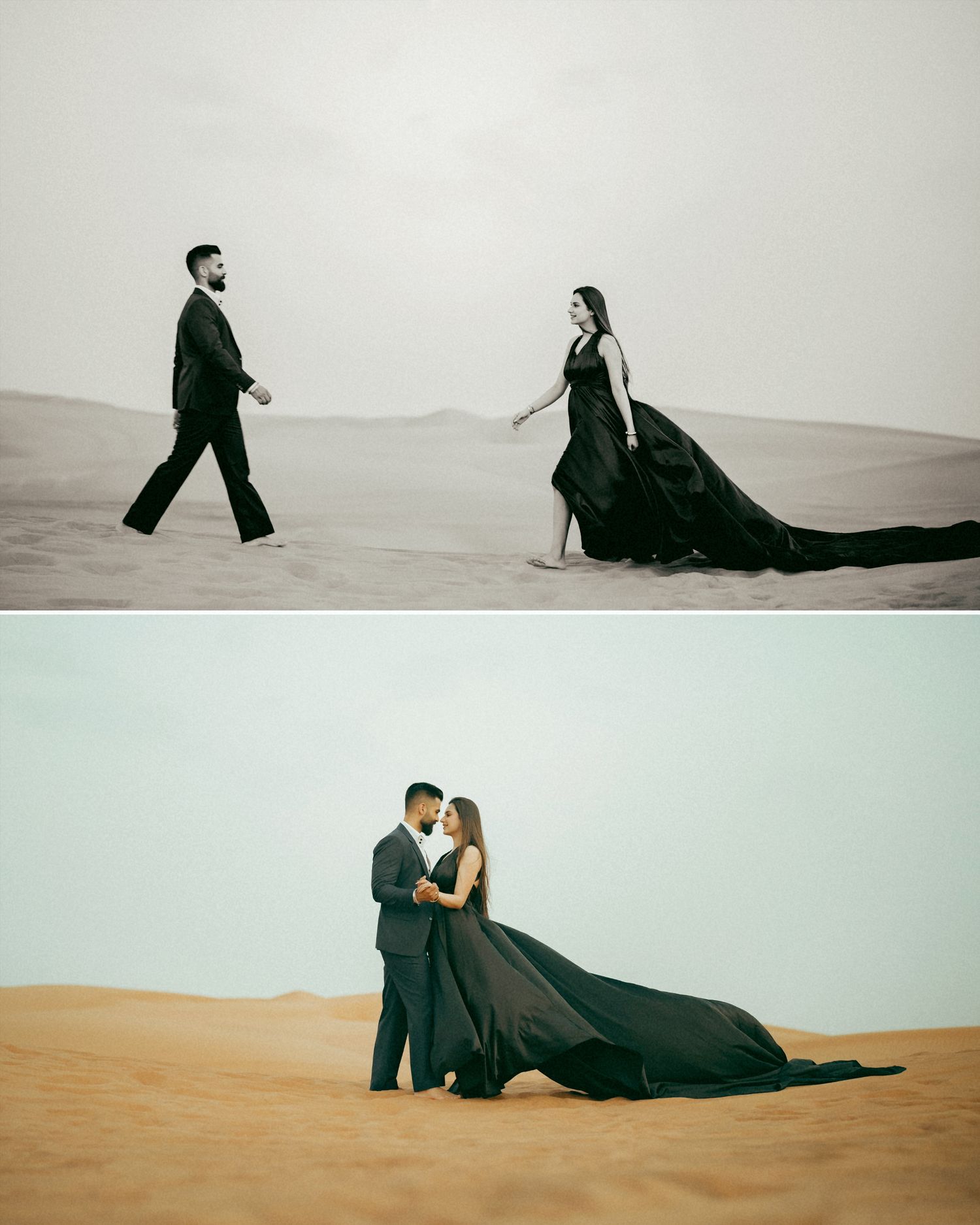 Couple in matching black outfits pose romantically on golden sand dunes, her gown trailing elegantly in the desert breeze.