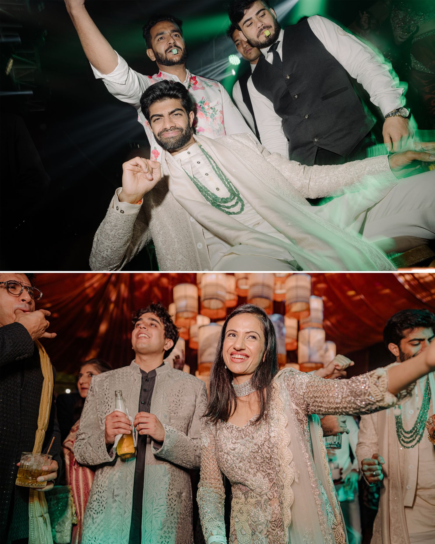 Joyful South Asian wedding celebration with guests dancing in traditional attire at a vibrant reception event.