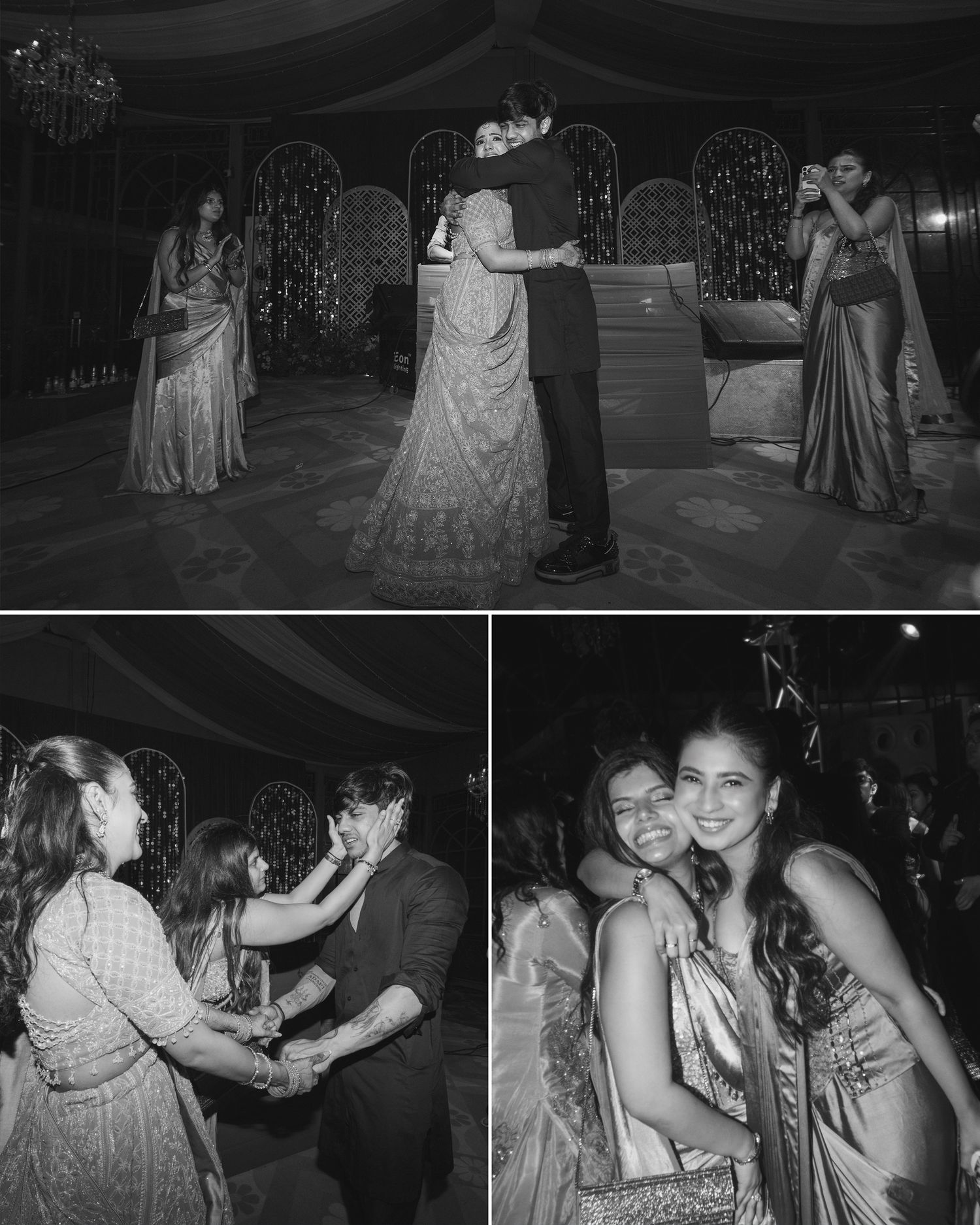Black and white wedding reception photos showing couples dancing and guests celebrating at an elegant Indian wedding event.