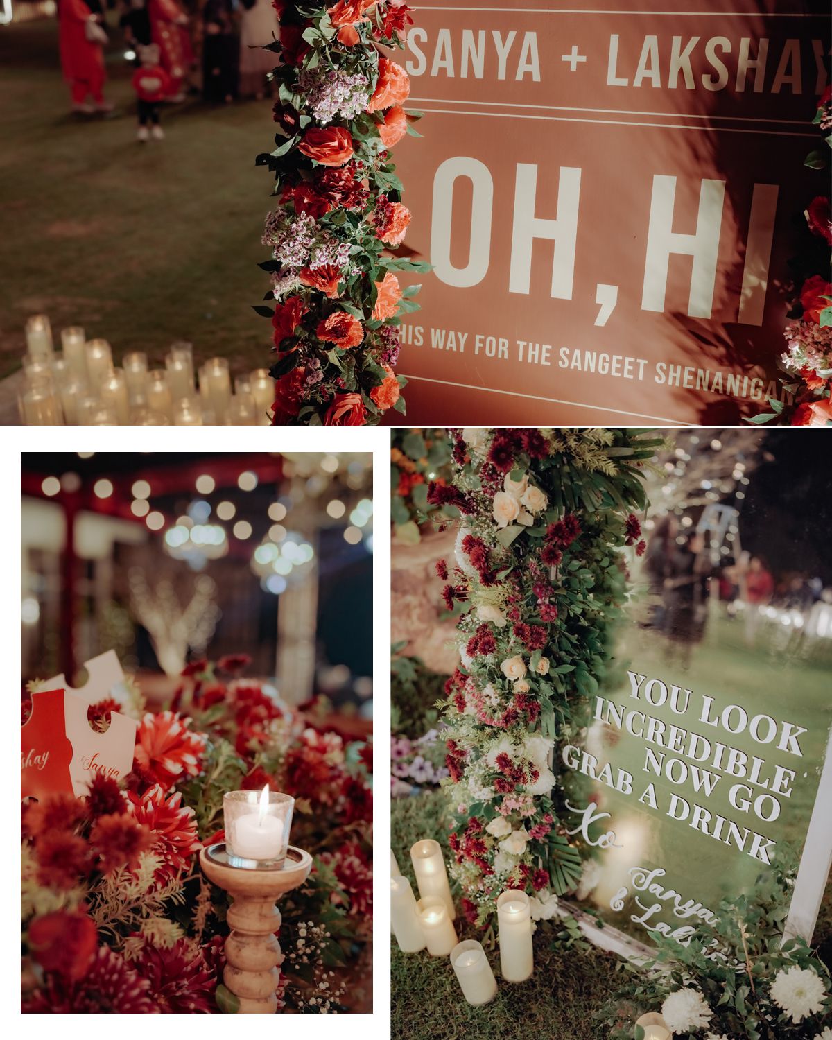 Wedding reception decor features elegant floral arrangements, candles and signage in romantic red and white color scheme.