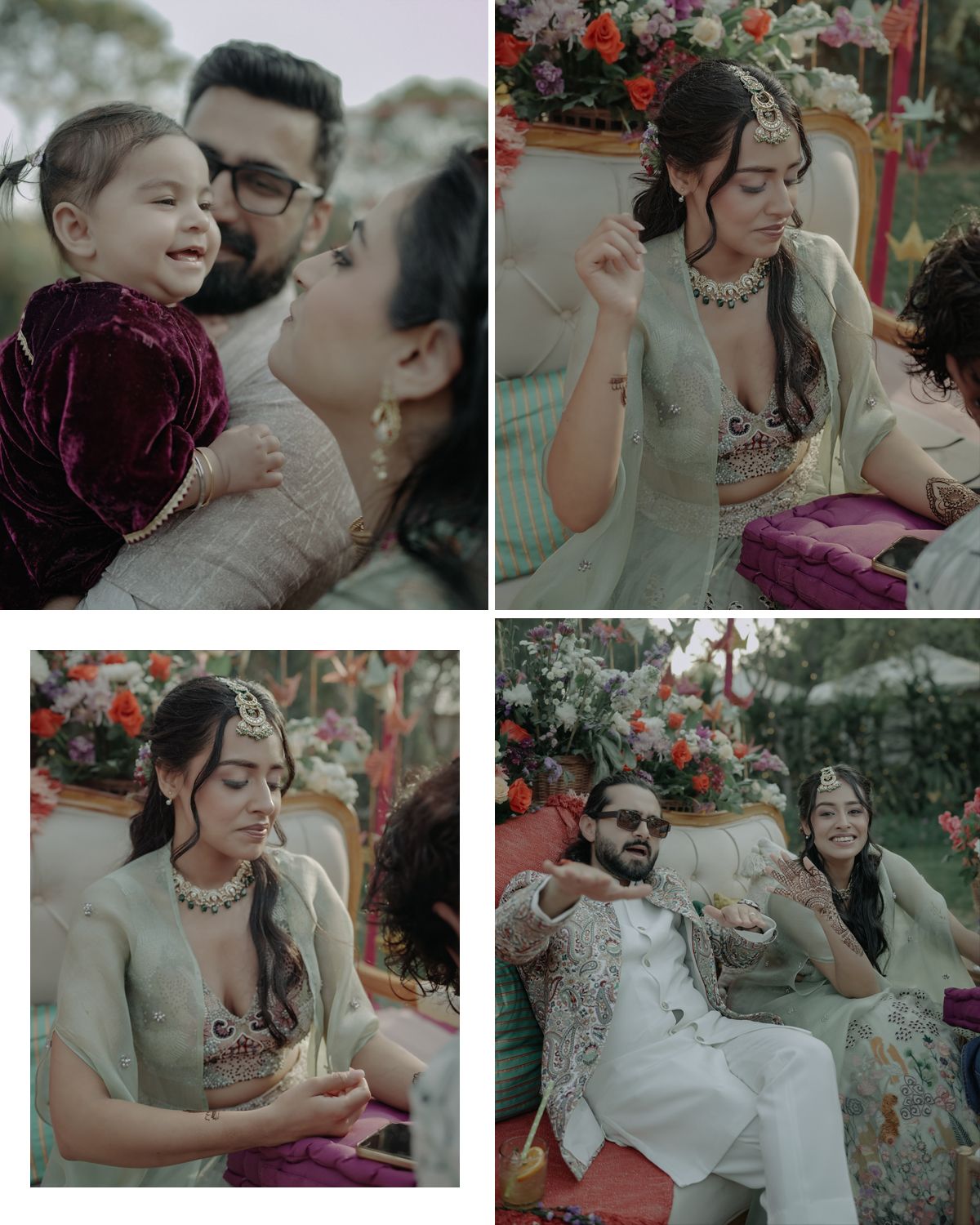 Collage of candid family moments and celebration scenes at an outdoor gathering.