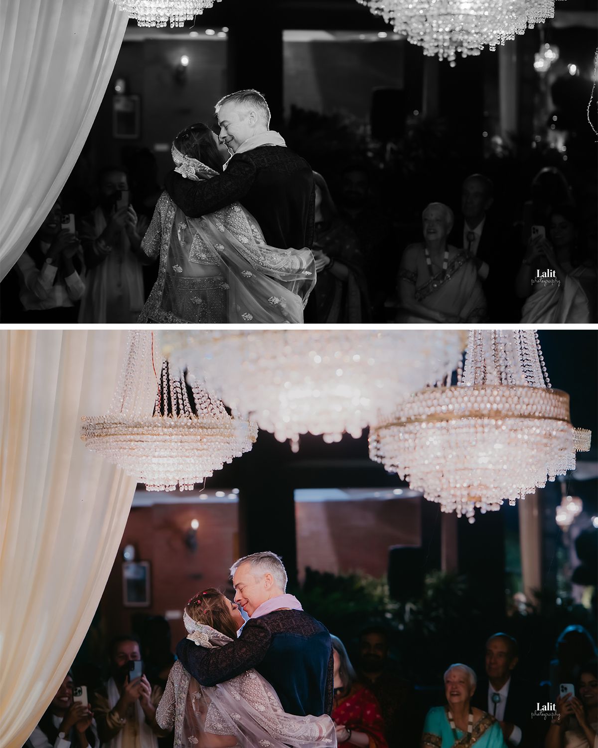 A romantic first dance moment under sparkling crystal chandeliers at a wedding reception.