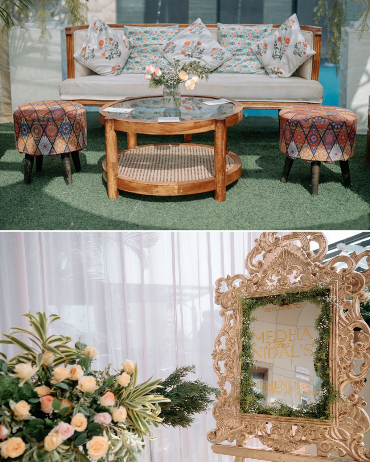 Elegant wedding seating area with floral decor and ornate mirror display.