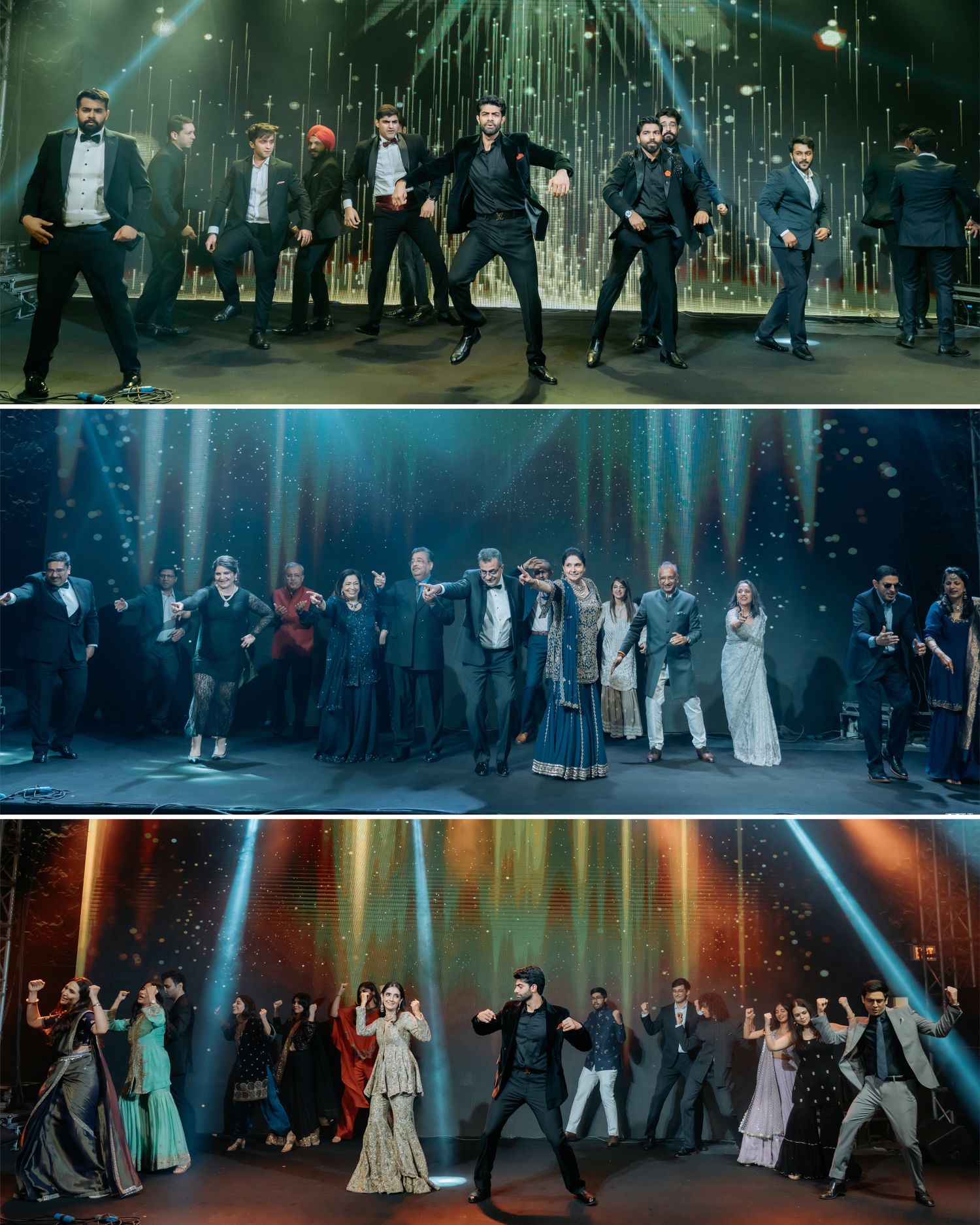 Group of elegantly dressed performers dancing on a decorated stage with dramatic lighting at a grand celebration event.