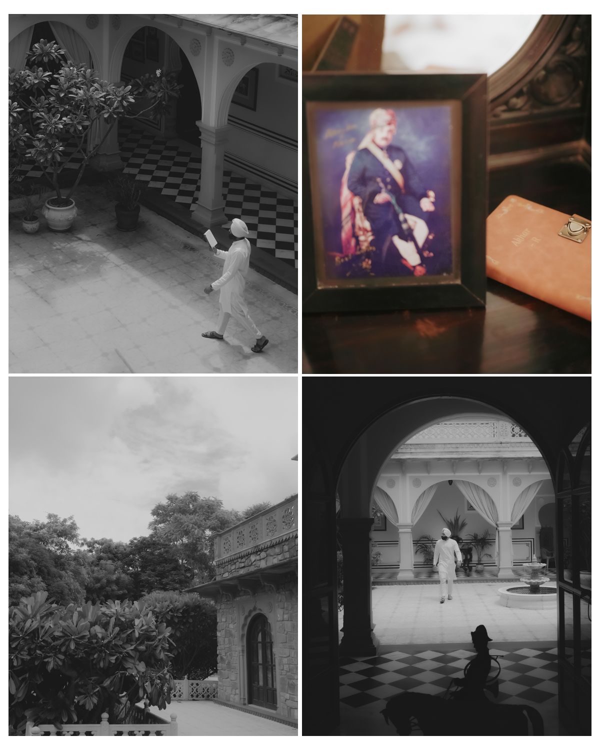 Black and white architectural photos showcase arched corridors and courtyard views.