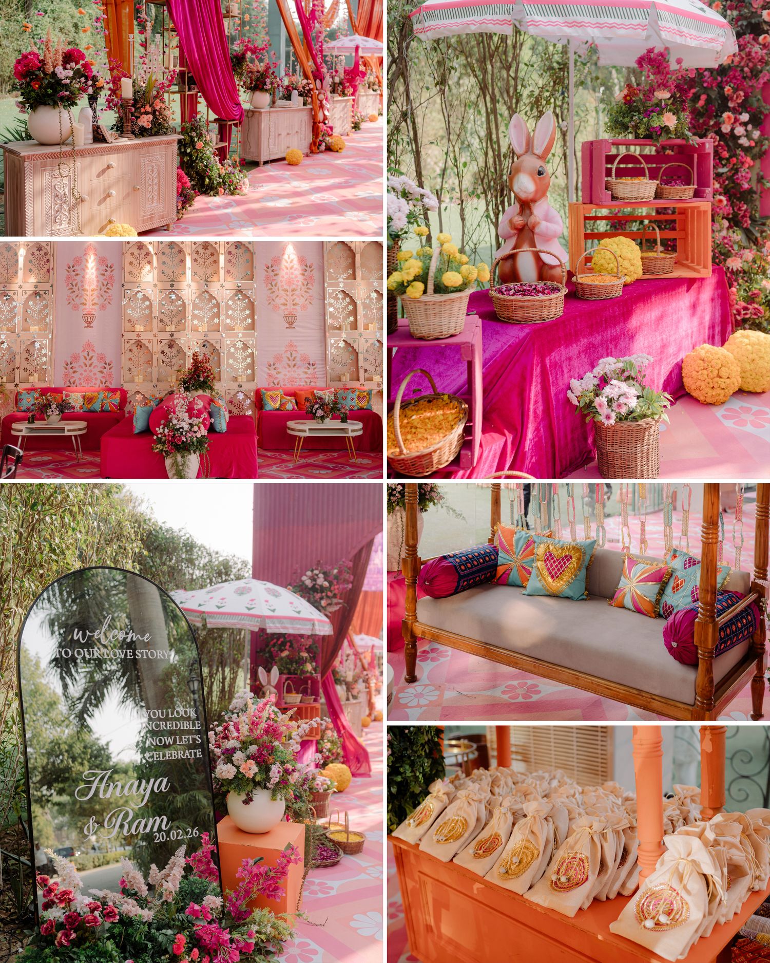 Vibrant Indian wedding decor with pink floral arrangements, swing seating, bunny accents, and personalized welcome signage.