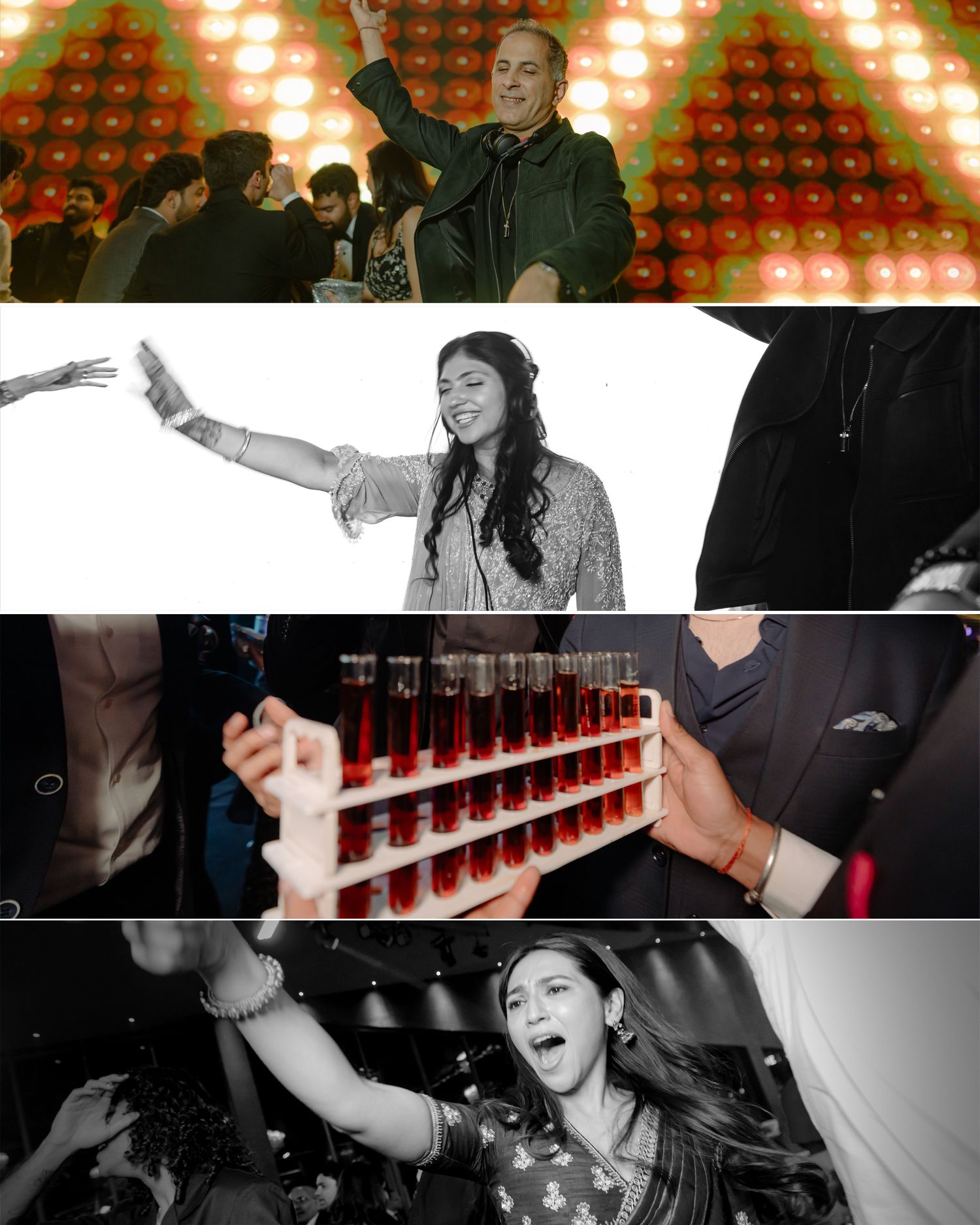 Collage of vibrant party scenes featuring dancing guests, shot glasses on a rack, and joyful celebrations at an Indian event.