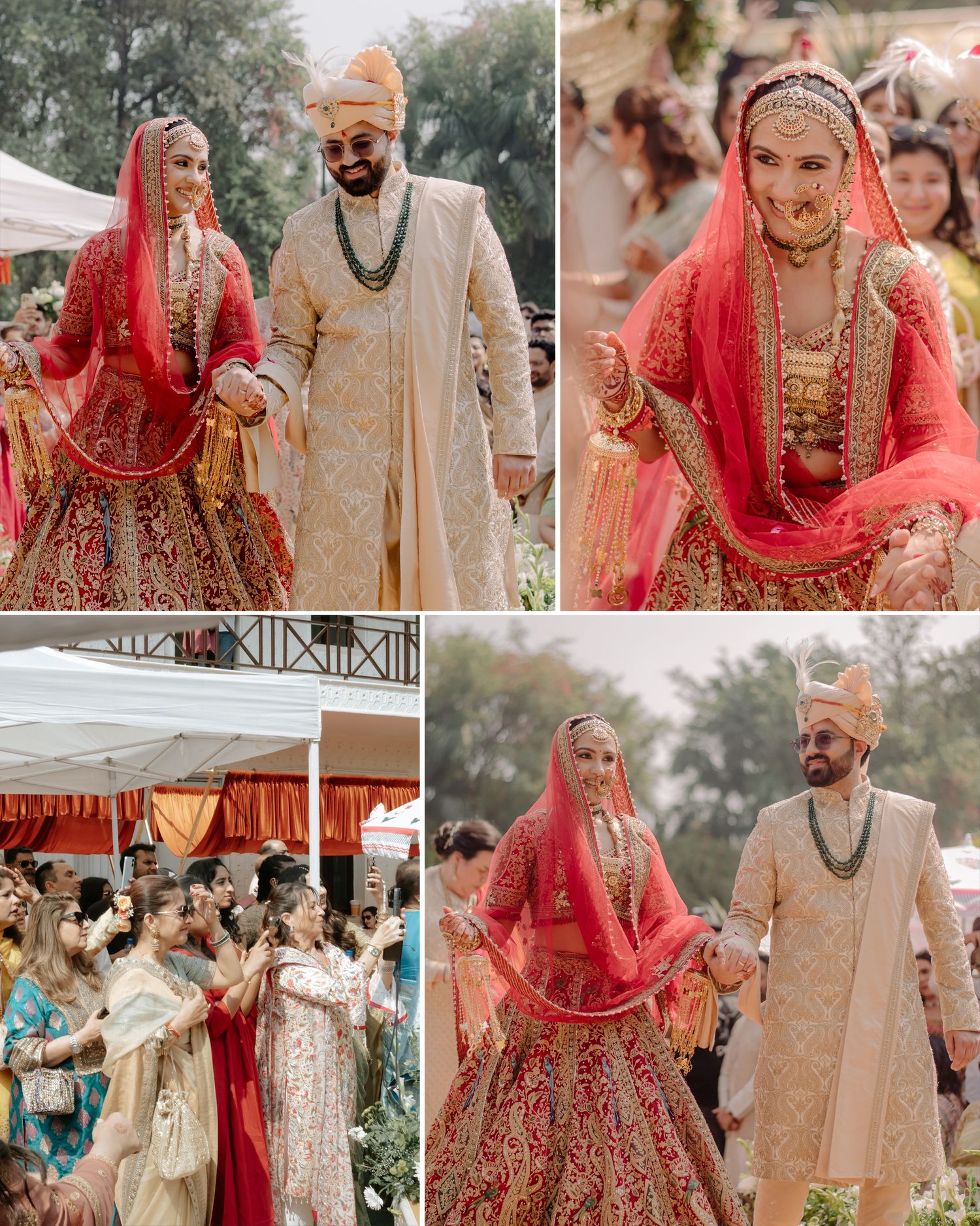 Indian bride in red lehenga and groom in cream sherwani walk together during traditional Hindu wedding ceremony.