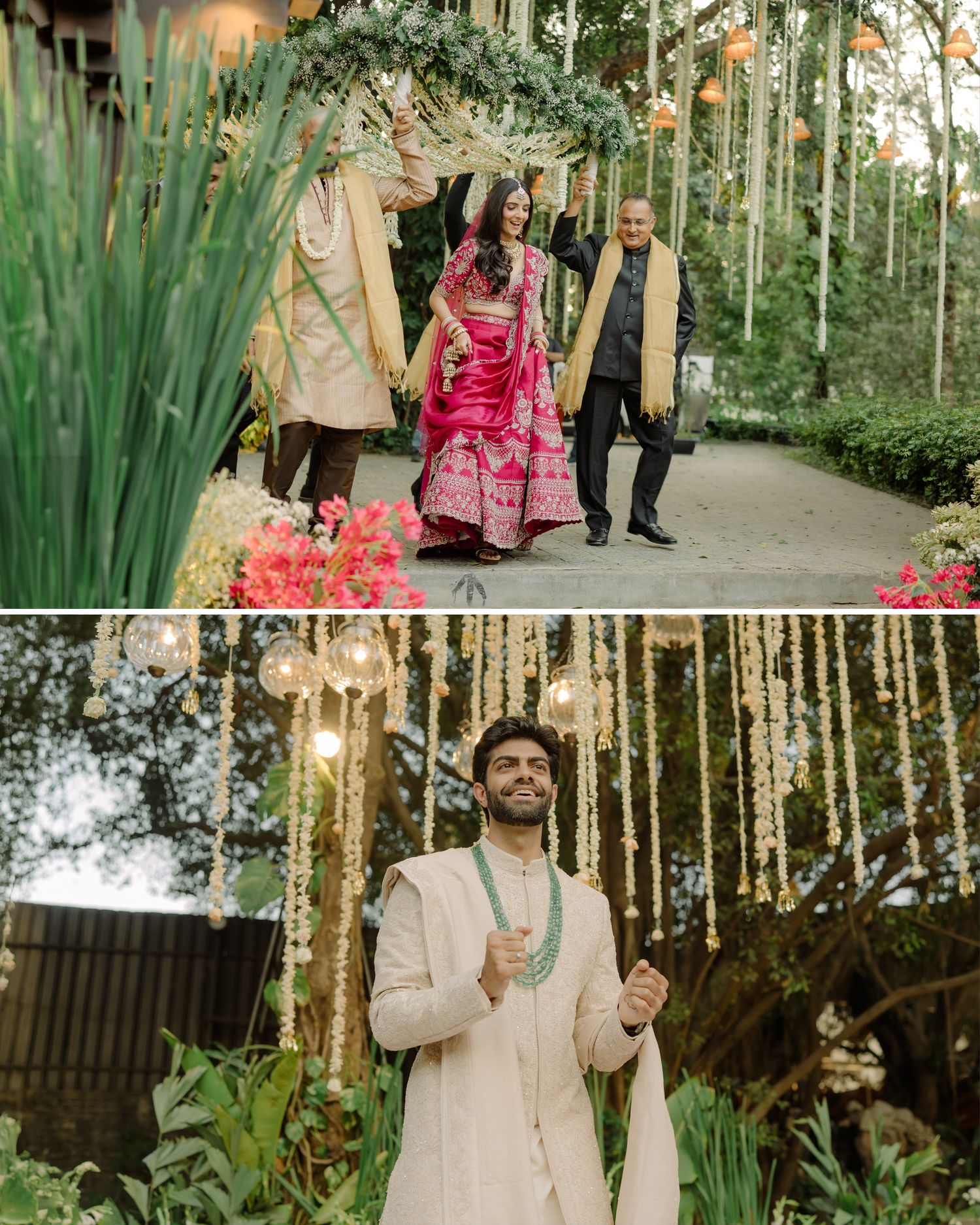 Bride in pink lehenga walks with family under floral arch at Indian wedding ceremony outdoors.