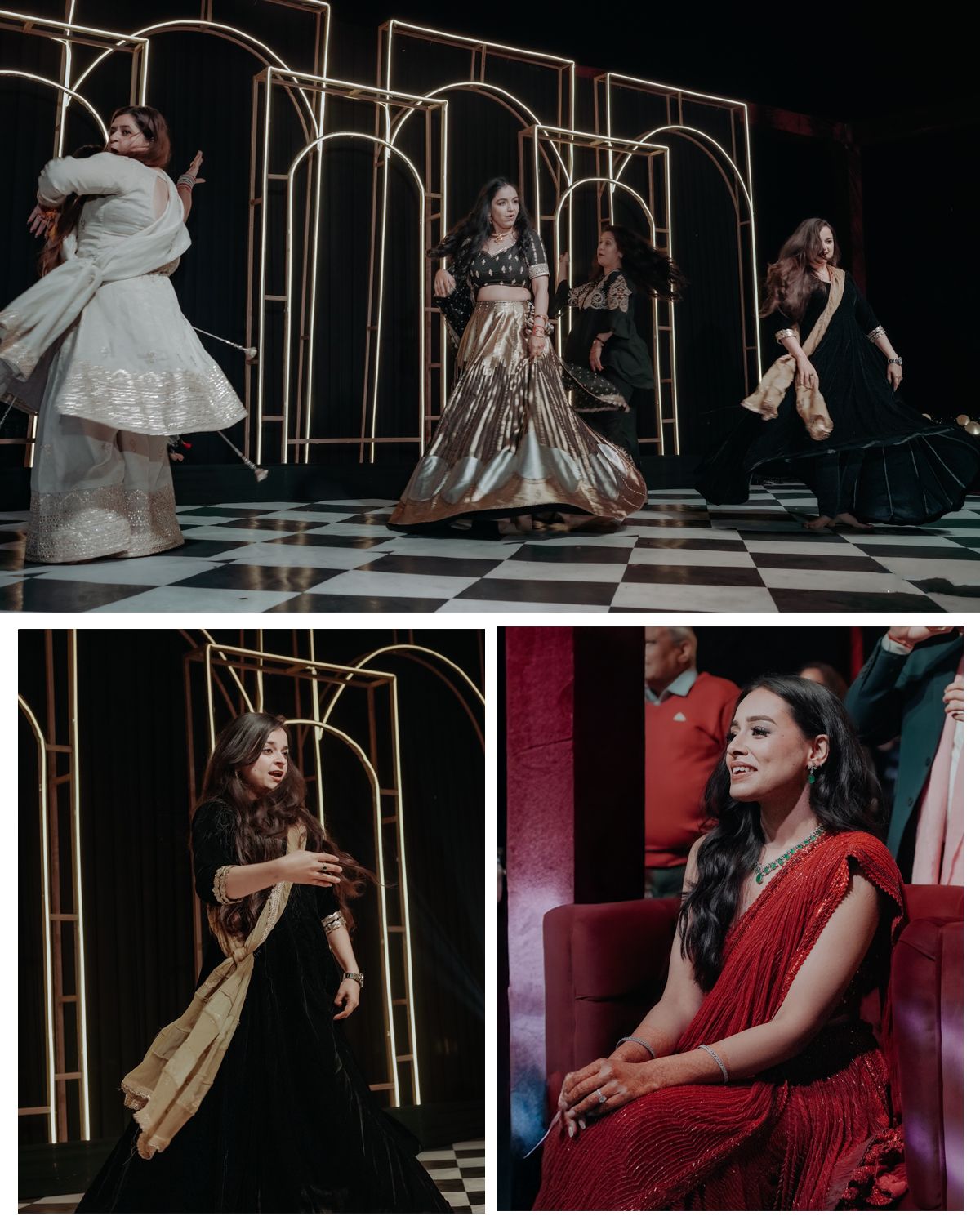 Theatrical performers dance and pose on a black and white checkered stage with gold archway set pieces in period costumes.